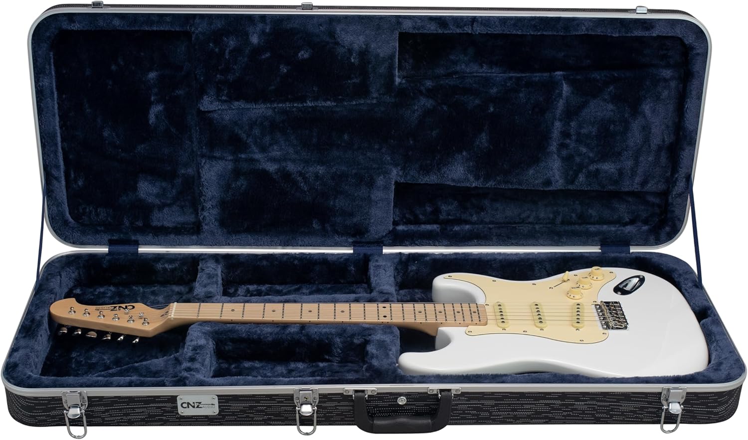 Deluxe ABS Electric Guitar Hard Case Black + White -Durable Molded ABS Shell Lightweight Plush Gray Interior Thick EPS Foam Protection Secure Latches 2 Gear Bays Fits TL ST & Similar Guitars