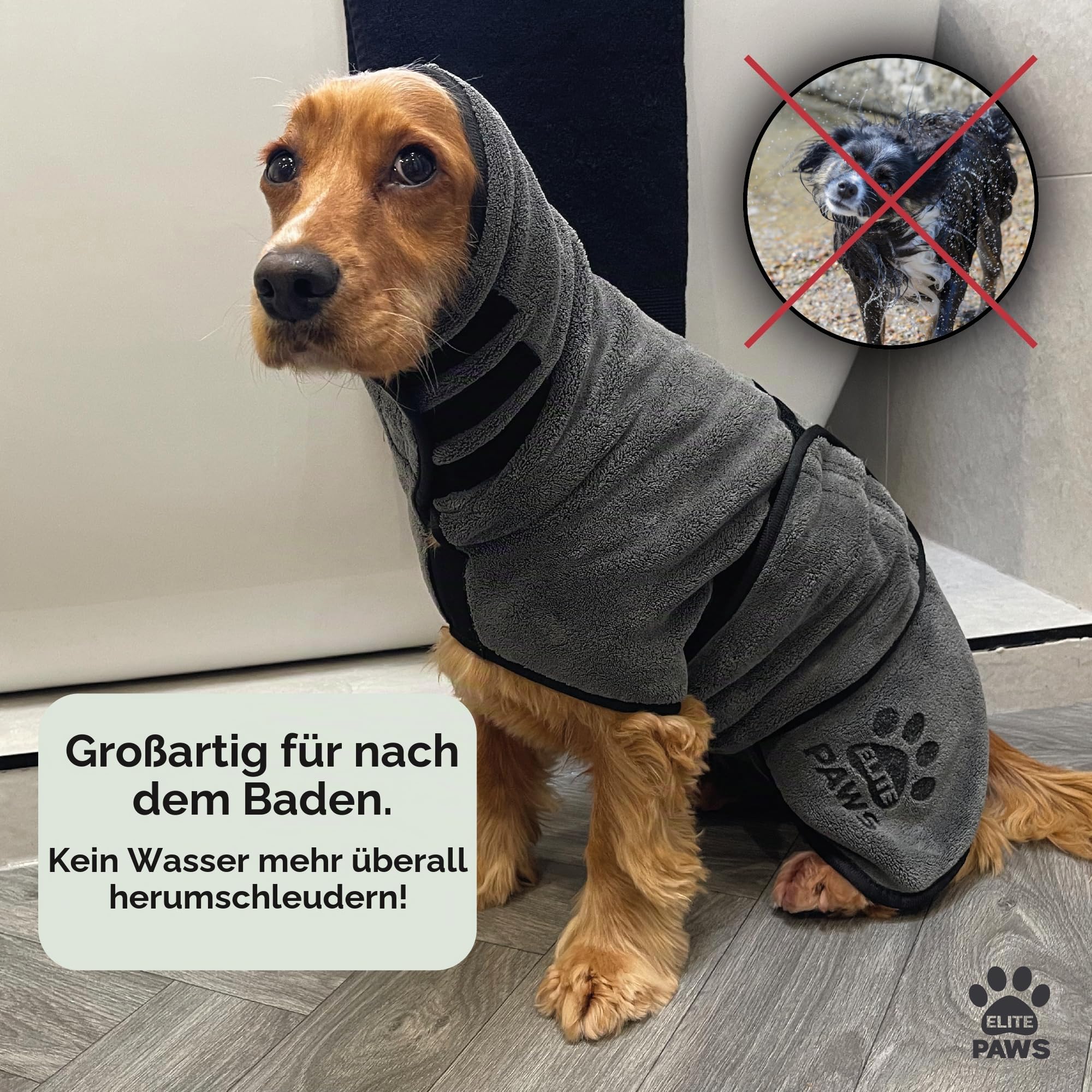 Elite Paws Luxuriöser Hunde-Trockenmantel, dicker und weicher als Bademäntel, trocknet in 20–30 Minuten, super saugfähige Mikrofaser, begrenzt Unordnung, bedeckt Ohren