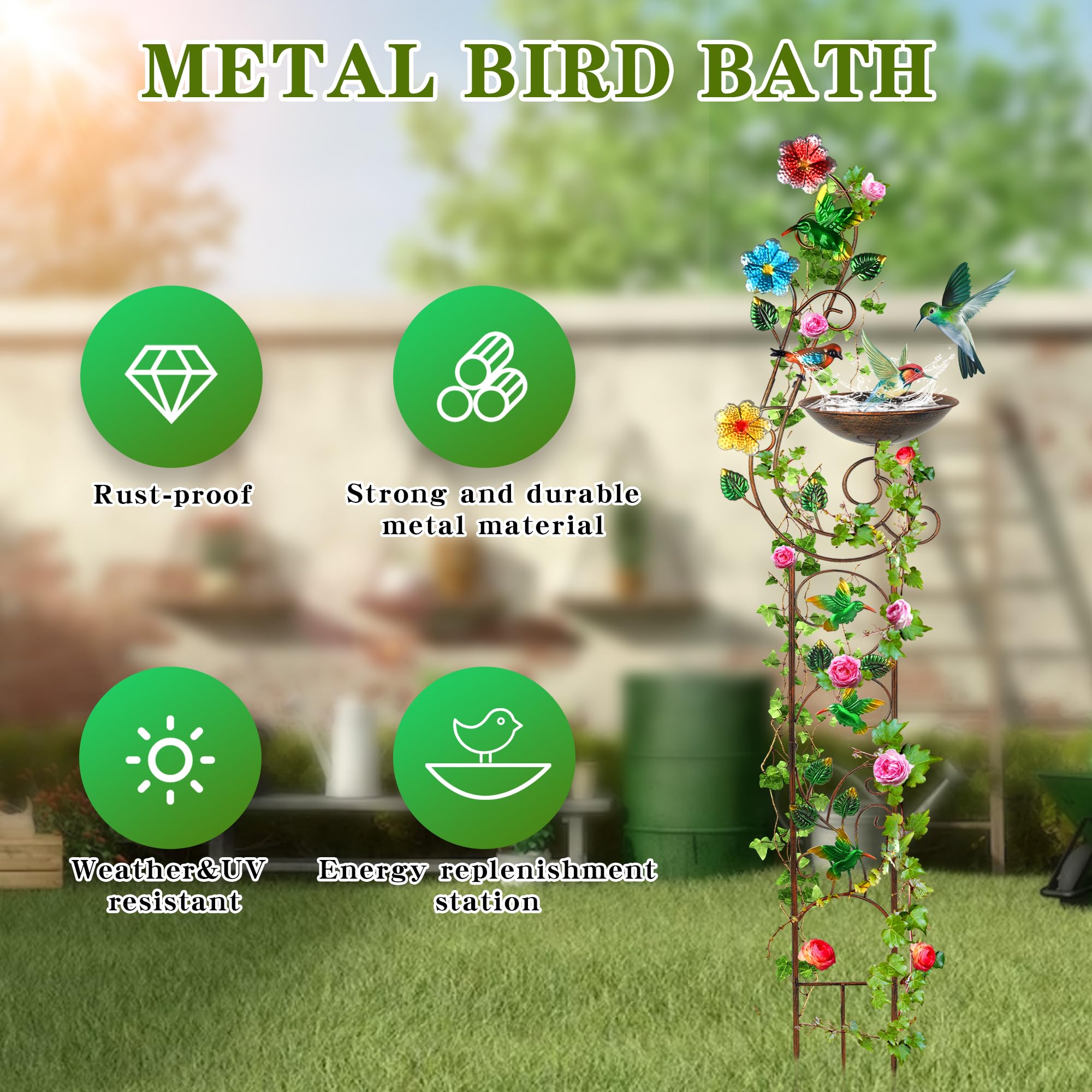 YADOOLIFE Kąpiel dla ptaków 145 cm z kratką ogrodową do roślin pnących na zewnątrz, mała dekoracyjna metalowa łaźnia dla ptaków, koliber (Hummingbird)