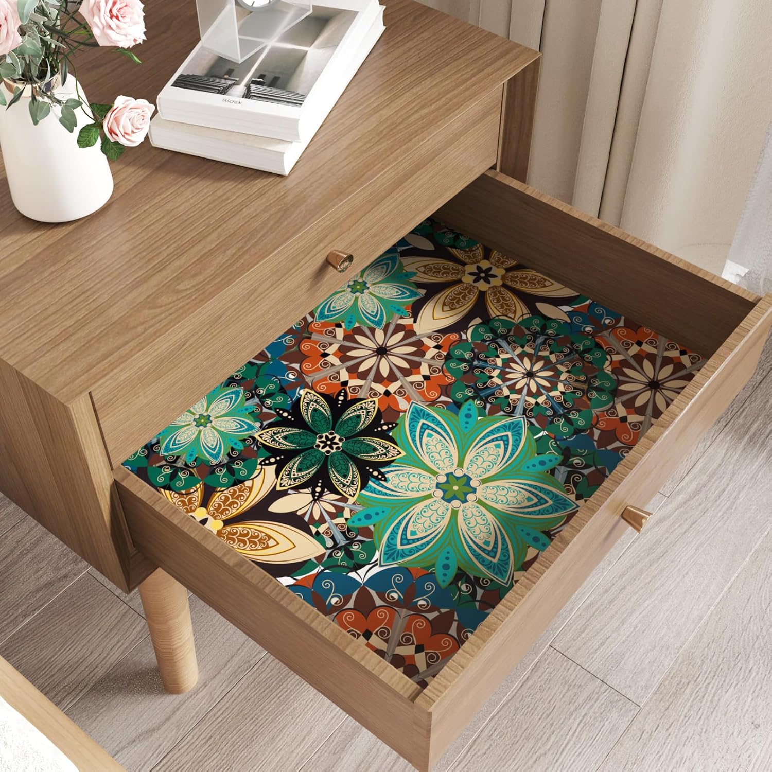 Wallercity Green/Blue Boho Wallpaper Peel and Stick Vintage Floral Contact Paper for Kitchen Bathroom Retro Botanical Leaves Wall Paper Self Adhesive Waterproof for Walls Shelf Cabinets 17.5''x315''