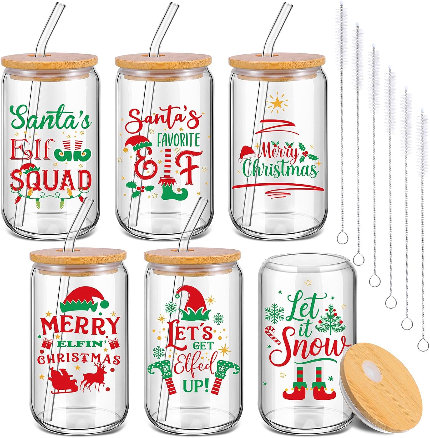 Qinyoung 6 Pcs Valentine's Day Glass Cups with Bamboo Lids and Glass Straws, 16 oz Red Heart Drinking Glasses Set, Reusable Love Iced Coffee Glasses for Galentine's Party Romantic Gifts (Valentines)