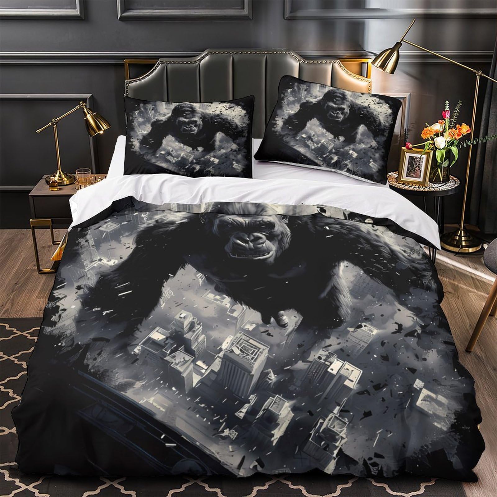 MMDASBVPE Giant Ape Urban Chaos Quilt Cover 3D Design Printed Hypoallergenic 3 Pcs Bedding Set Zipper Duvet Cover Super Soft Anti-allergic for Kids Girls Boys Adults Women Teens Single（140x200cm）