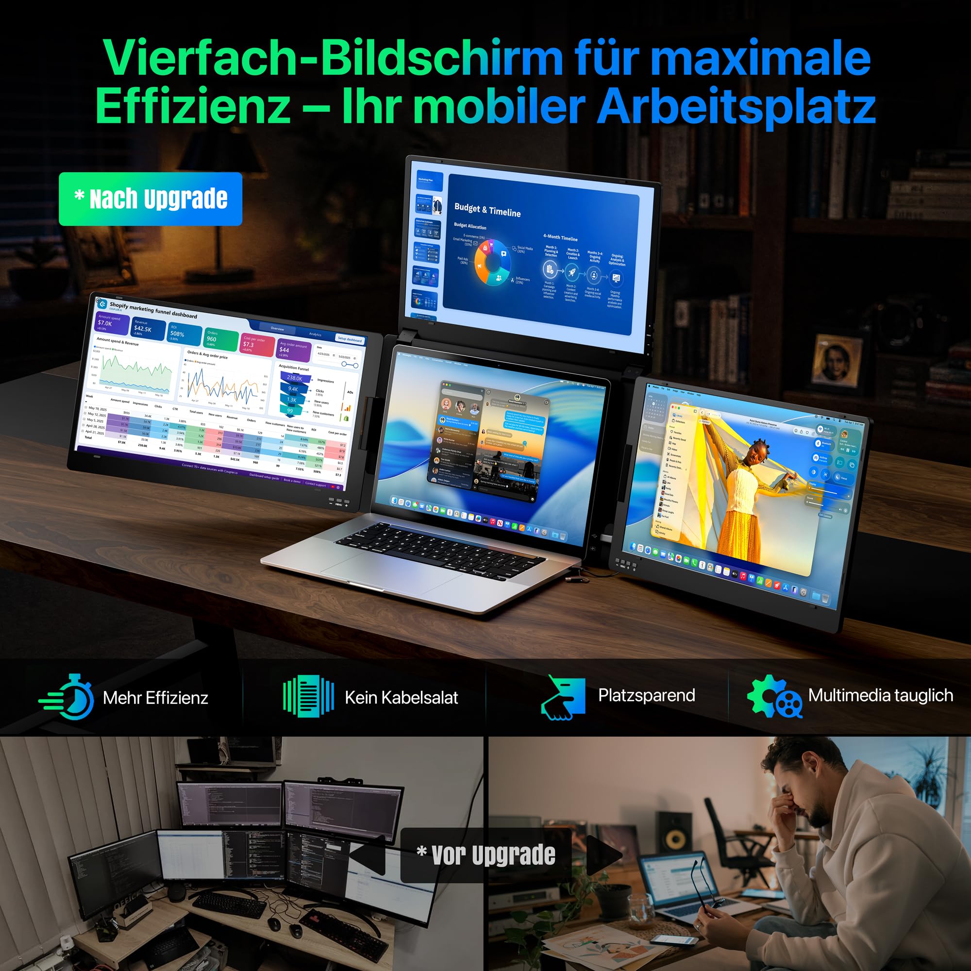 ROADOM 15,6" Triple Laptop Monitor, 1080P FHD IPS, Type-C, Metallgehäuse | 3-Bildschirm-Erweiterung, 1080P FHD IPS, Type-C & USB, 360° Drehbar, Faltbar, Metallgehäuse, Win/Mac/Android