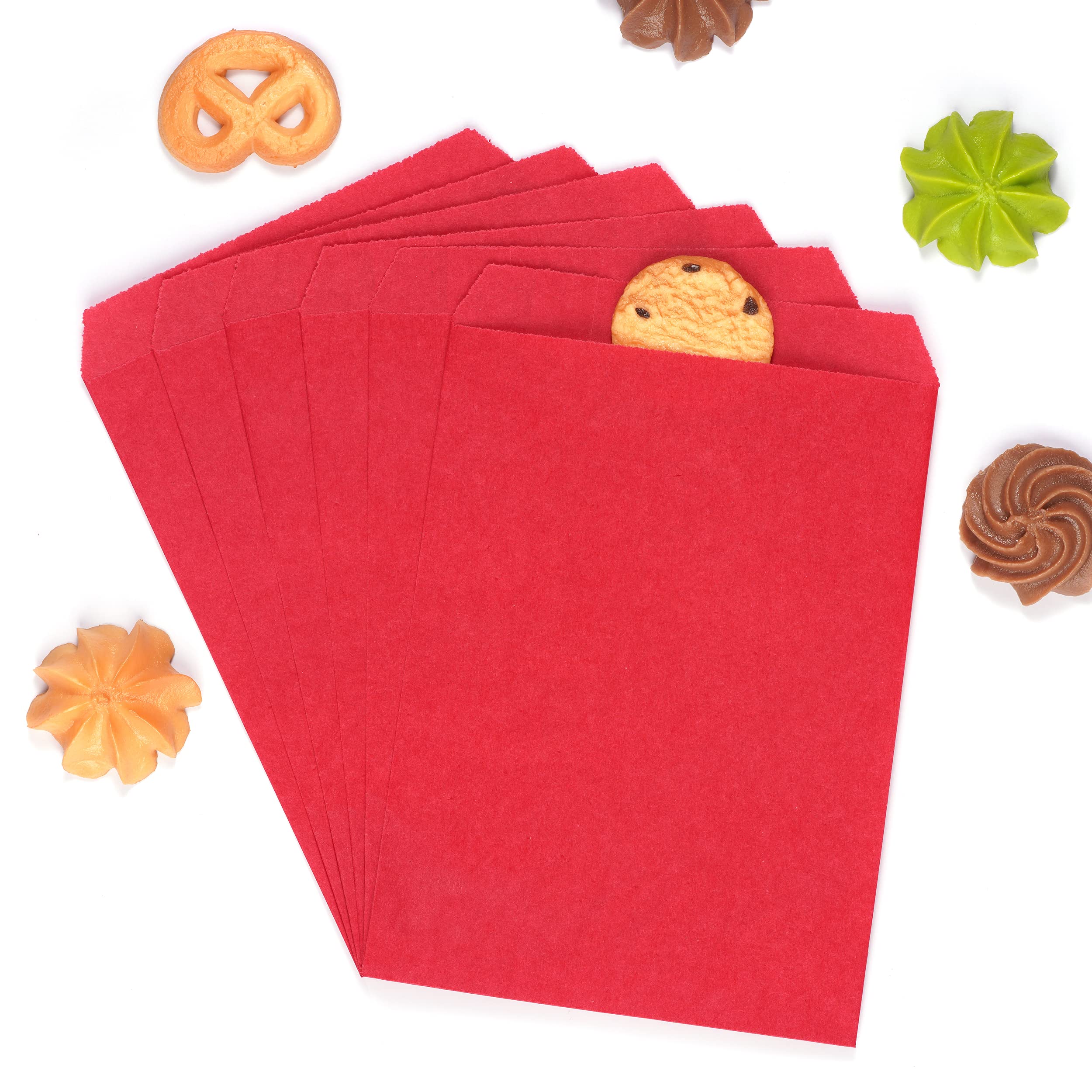 Quotidian Red Flat Medium Kraft Paper Bags 5" x 7" (13 x 17.8cm) Pack of 100 - Bakery Treat Candies Dessert Chocolate Soap