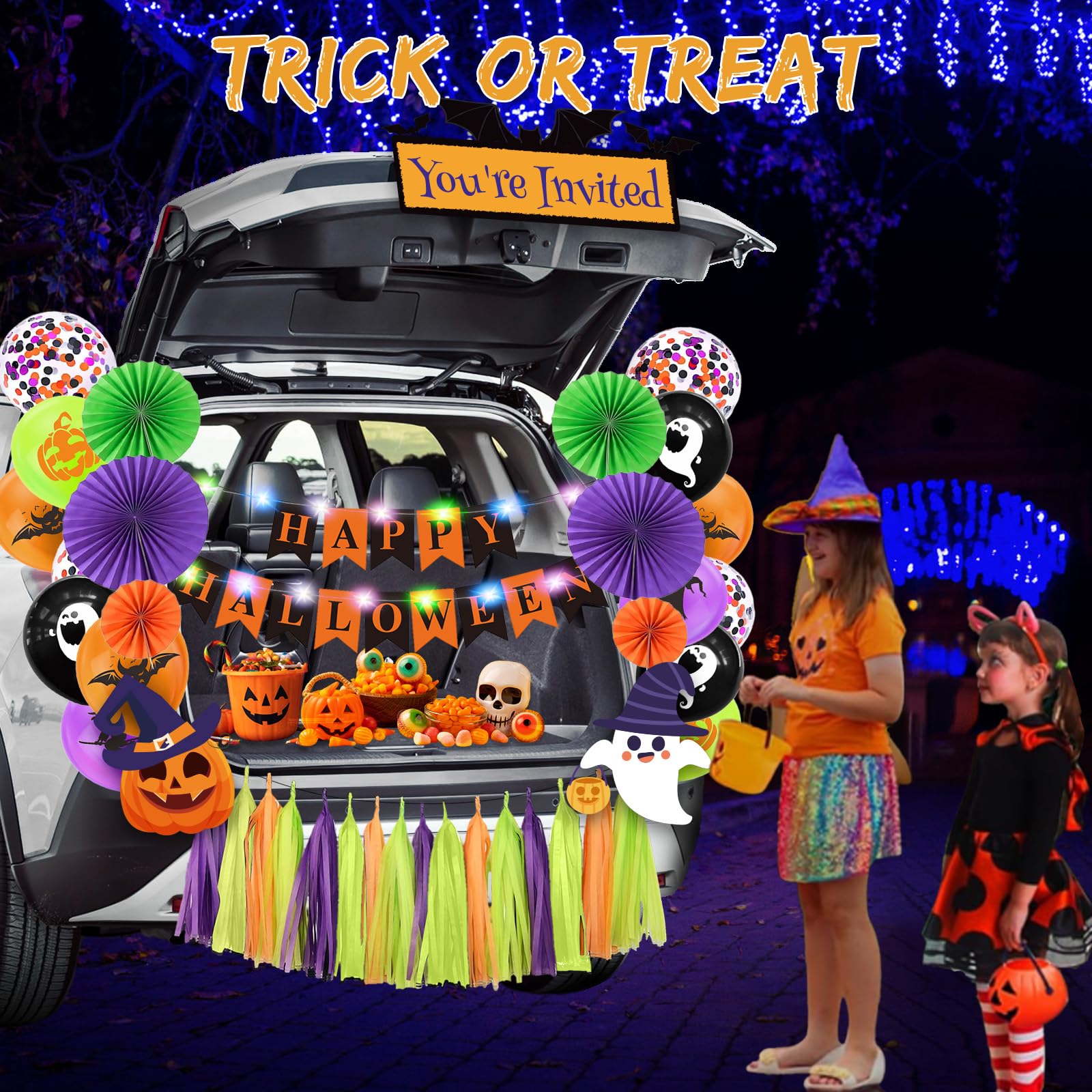 Zestaw dekoracji bagażnika lub smakołyków na Halloween, do samochodu, SUV-a, z banerem, wachlarzami papierowymi, balonami, frędzlami, dekoracja na Halloween, do drzwi garażowych, wejściowych