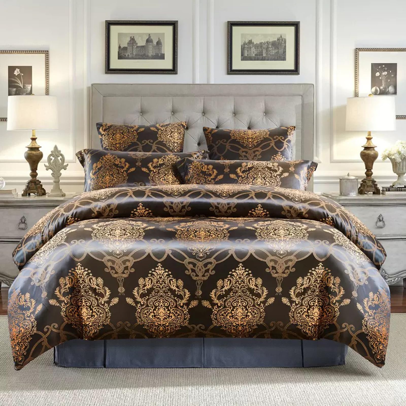 E-yimeng Double Bedding Set Double Duvet Set Silk Satin Duvet Cover Sets 200x200cm with 2 Pillowcases Zipper Luxury for Boys Girls Ultra Soft Brushed Microfiber Bedding Collections Black Gold