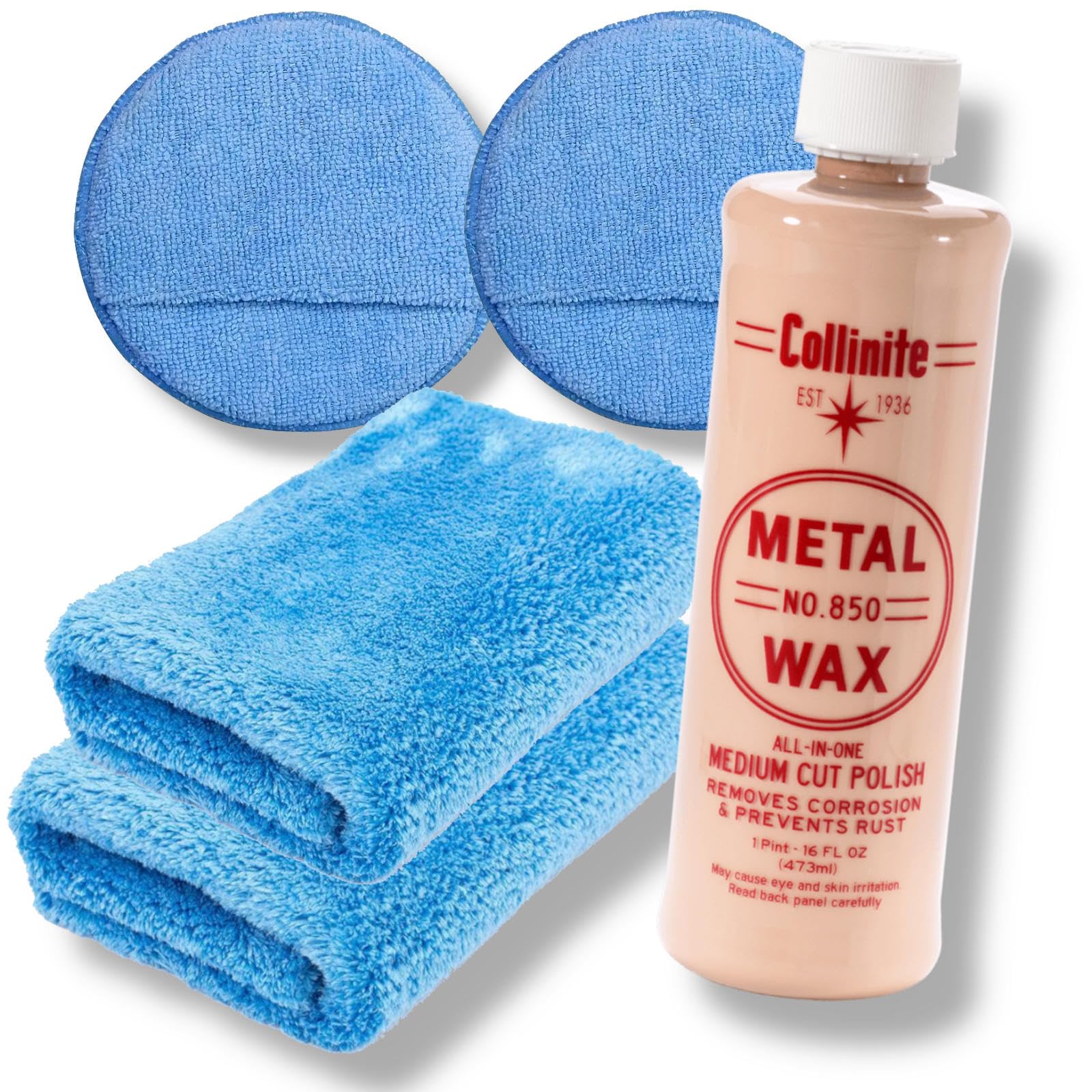 COLLINITE No 850 Metal Wax Metall Politur SET - Chrom Polierpaste - Metal Polish - Entfernt Verunreinigungen von Metalloberflächen wie Kupfer Edelstahl Messing Silber Schmuck 473ml