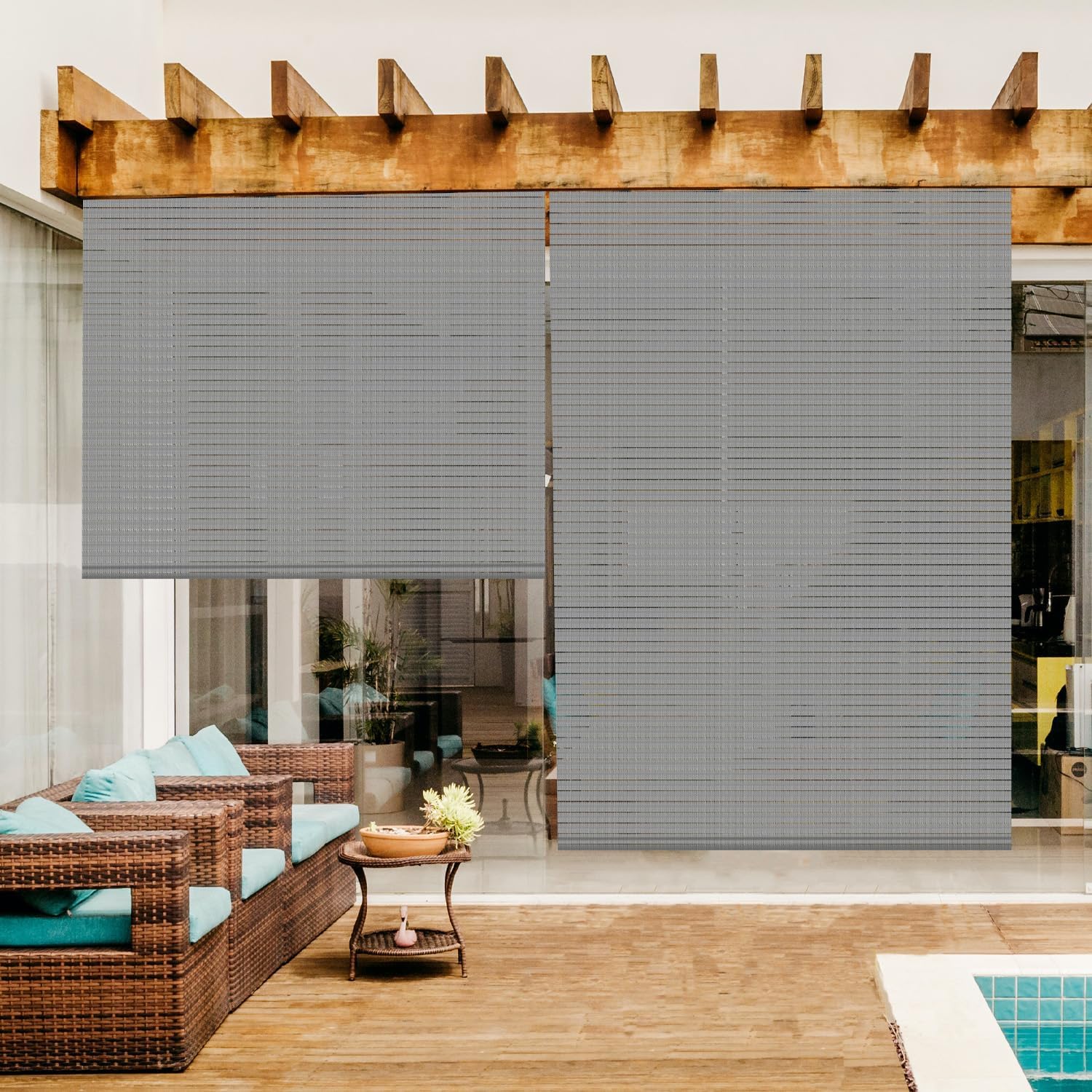 Outdoor Roller Shades Window Blinds for Porch Screen Deck Pergola Patio Balcony Gazebo Privacy Sunshade Roll Up Outdoor 5'W x 6'H Standard Size Light Grey Hollow Out
