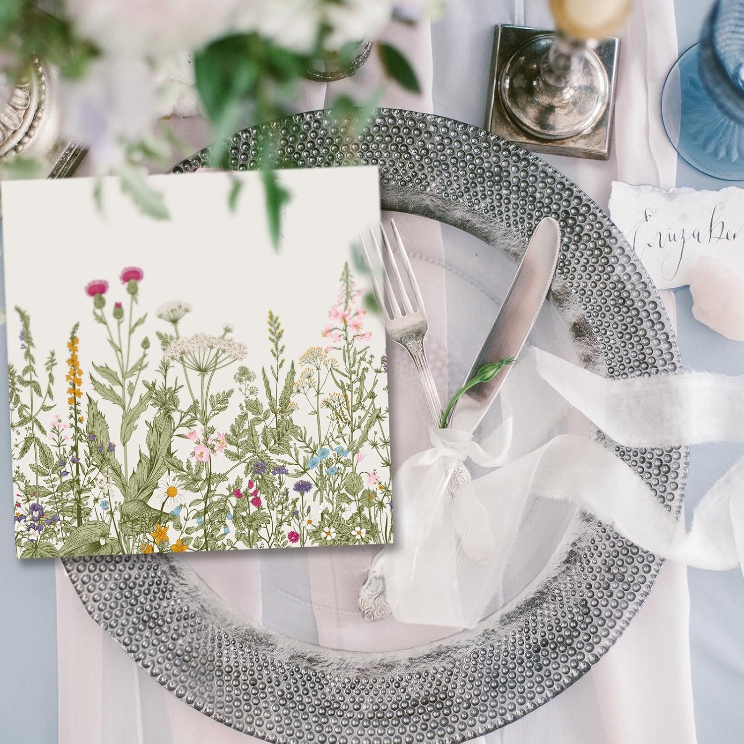 Sinmoe 200 Pcs Wildflower Napkins Floral Paper Napkins Disposable Decorative Wild Flower Cocktail Hand Towels for Spring Summer Dinner Wedding Home Bathroom Holiday Party Supplies, 5 x 5 Inch image 5