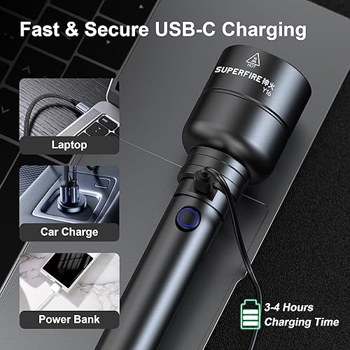 Miniatura 4 de SuperFire Linterna recargable de alto lúmenes de 3000 lúmenes, potente linterna LED con 6 modos, carga USB, IP46 impermeable, indicador de batería