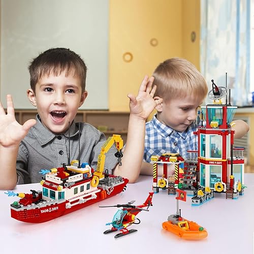 Miniatura 4 de City Oceans - Kit de construcción de estación de bomberos, compatible con el juego de estación de bomberos Lego, con estación de bomberos, barco de