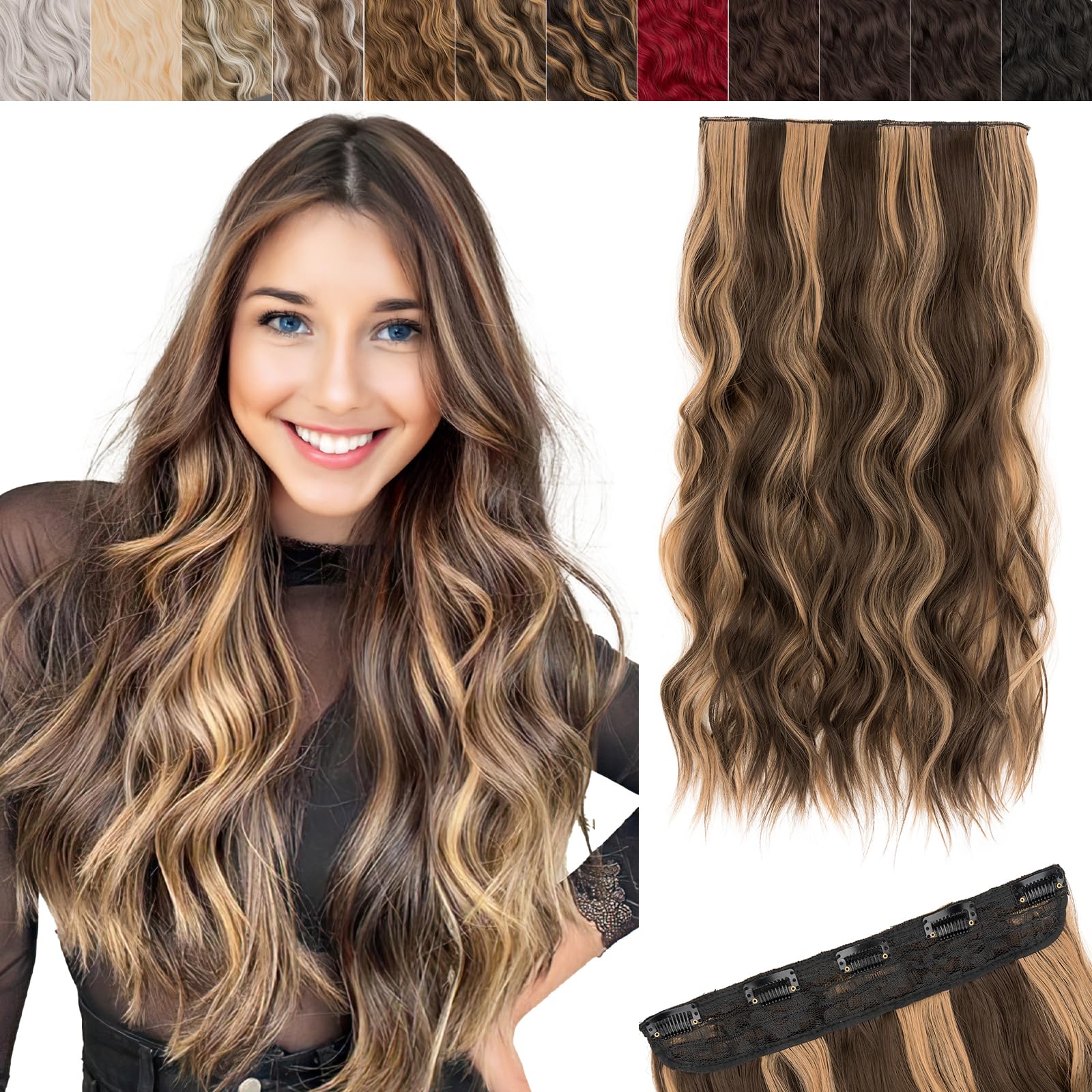 SEGO 20 Inch One Piece Clip In Hair Extensions Long Wavy Synthetic Clip In Hairpiece With 5 Secure Clips, Caramel & Golden Highlights