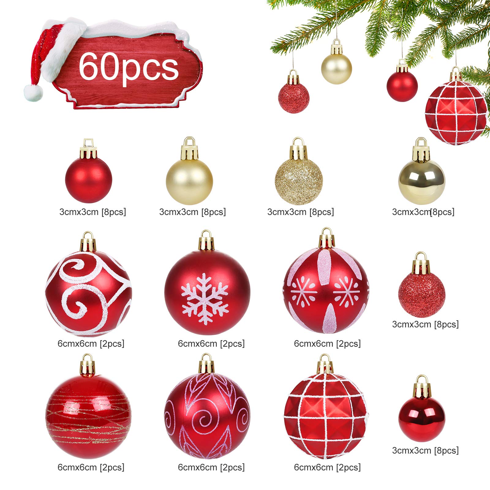 GWHOLE Bolas de Navidad de 60 Piezas Kit para Árbol de Navidad Decoraciones de Navidad Adornos Colgantes Rojo y Oro de 12 Formas Diferentes