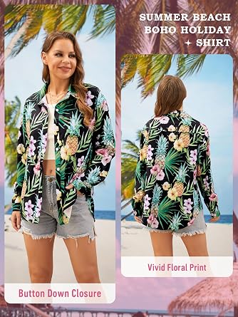 Ezcosplay Women Hawaiian Shirts Long Sleeve Button Down Tropical Floral Holiday Beach Blouse Tops