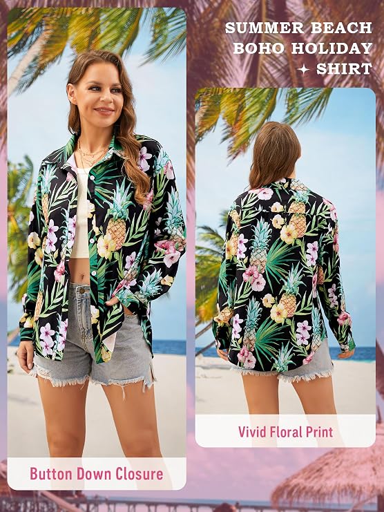 Ezcosplay Women Hawaiian Shirts Long Sleeve Button Down Tropical Floral Holiday Beach Blouse Tops