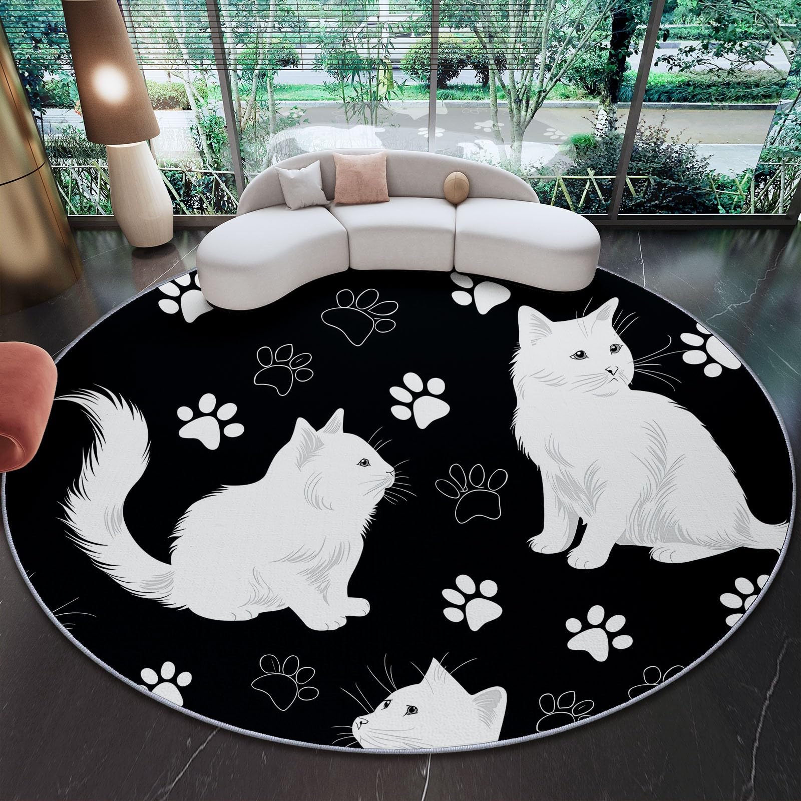 Schwarzweiß Runder Teppiche Wohnzimmer 100 cm, Waschbar & Rutschfester Kurzflor Teppich Schlafzimme, Minimalistisch Pfotenabdruck Niedlich Tiere Katze Teppich Rund für Kinderzimmer, Esszimmer, Büro