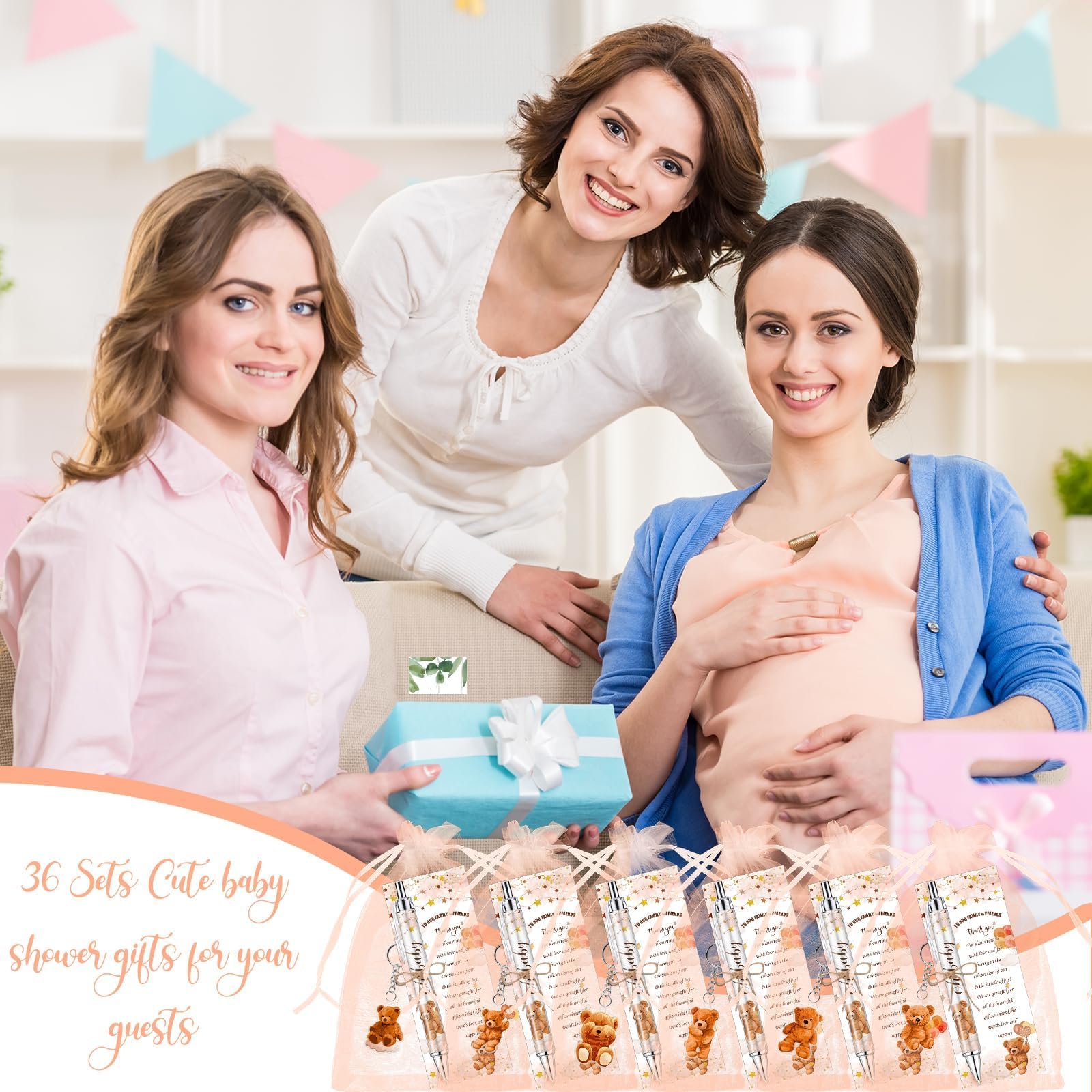 145 Stück Gastgeschenke für Babypartys, brauner Teddybär-Kugelschreiber und Schlüsselanhänger, Geschenke, Großpackung, einziehbare Babyparty-Stifte, Grußkarten, Souvenirs, Preise