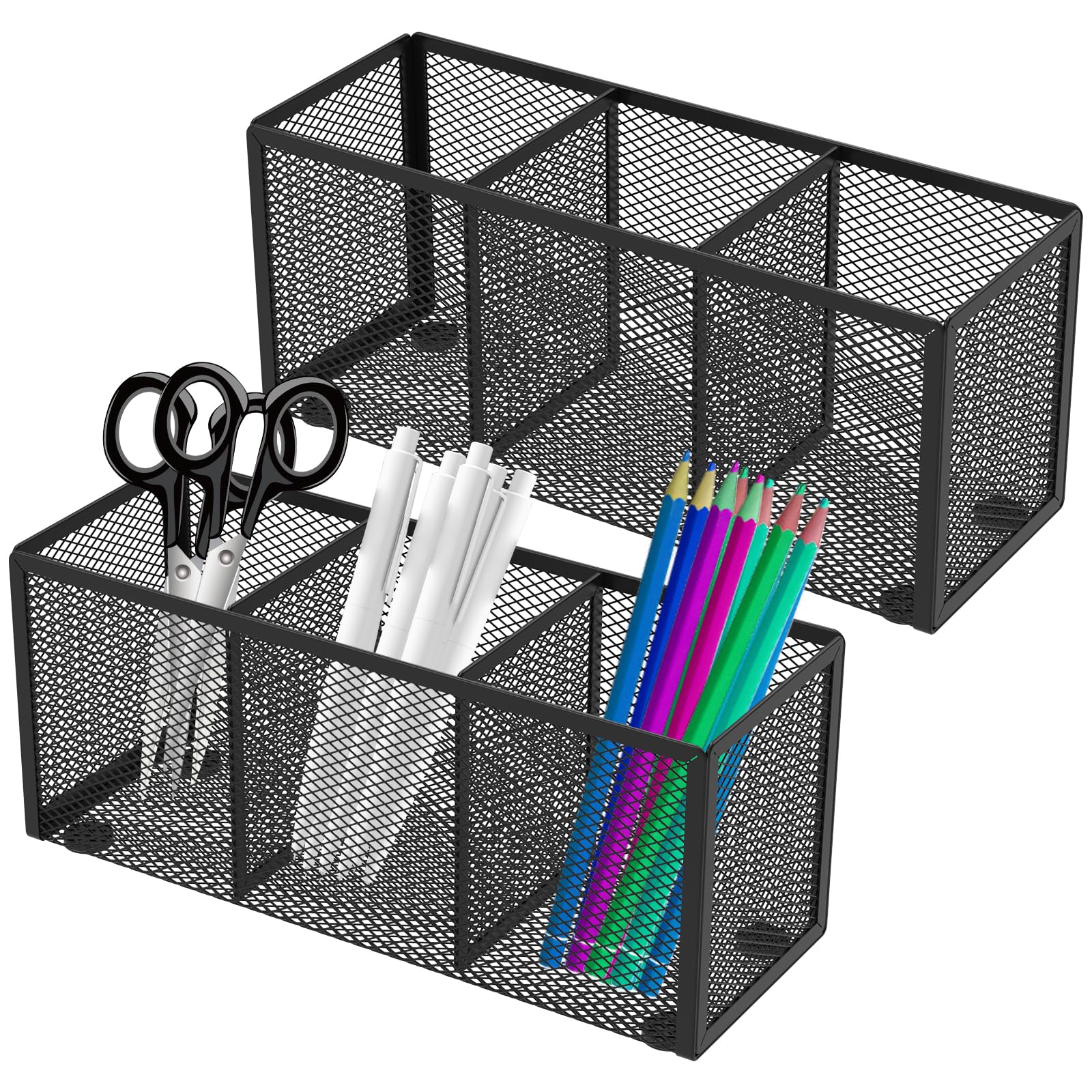 LuLobtg 2Pcs Mesh Pencil Holder, Metal Pen Organizer with Divided Compartments for Countertop, Stationery Storage Desktop Organiser for Home, Office, School(3 Grid)