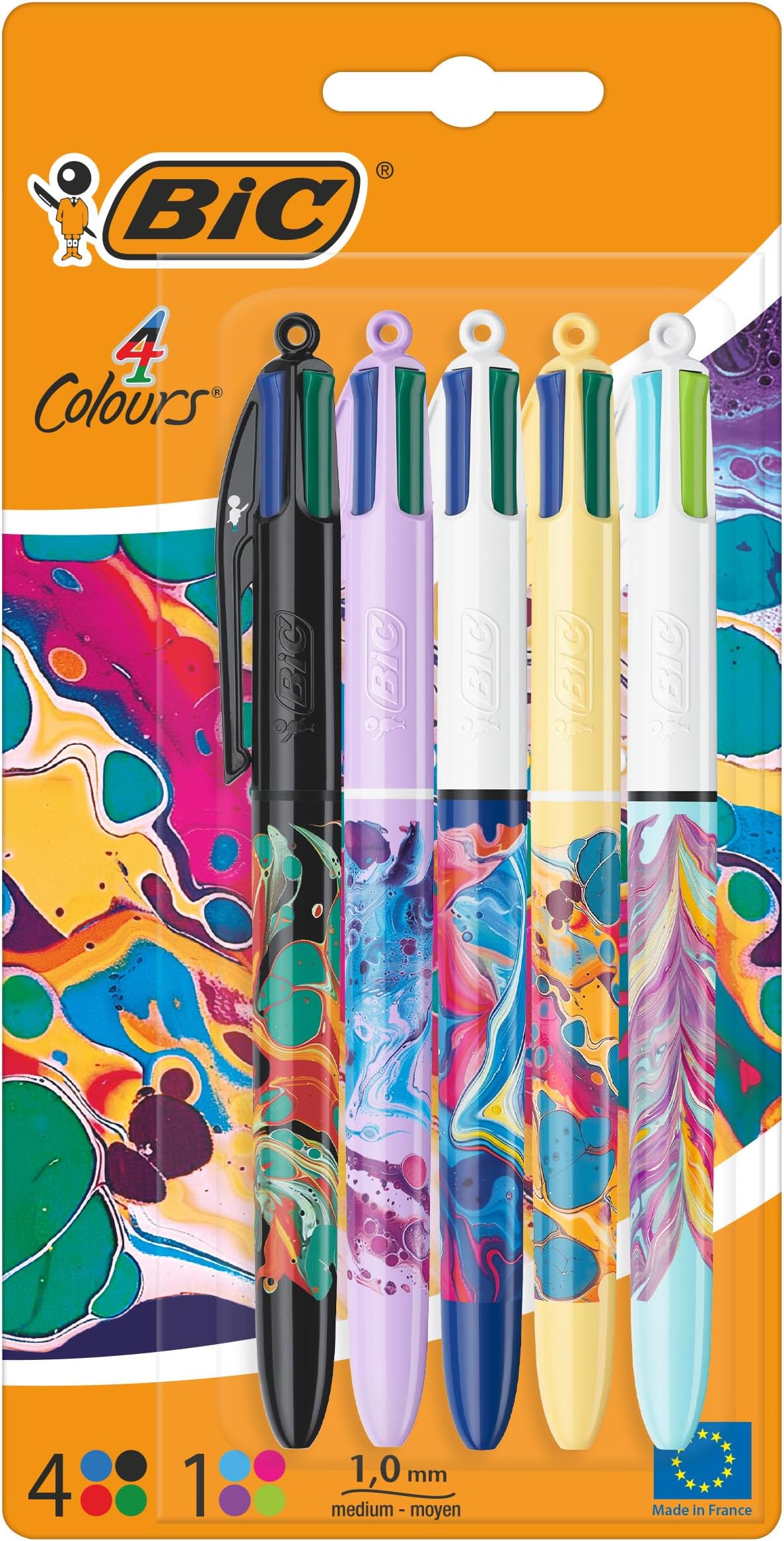 4 Colours All In One, Multi Coloured Retractable Ballpoint Pens, Medium 1.0mm, Green, Blue, Red, Black, 5 Per Pack