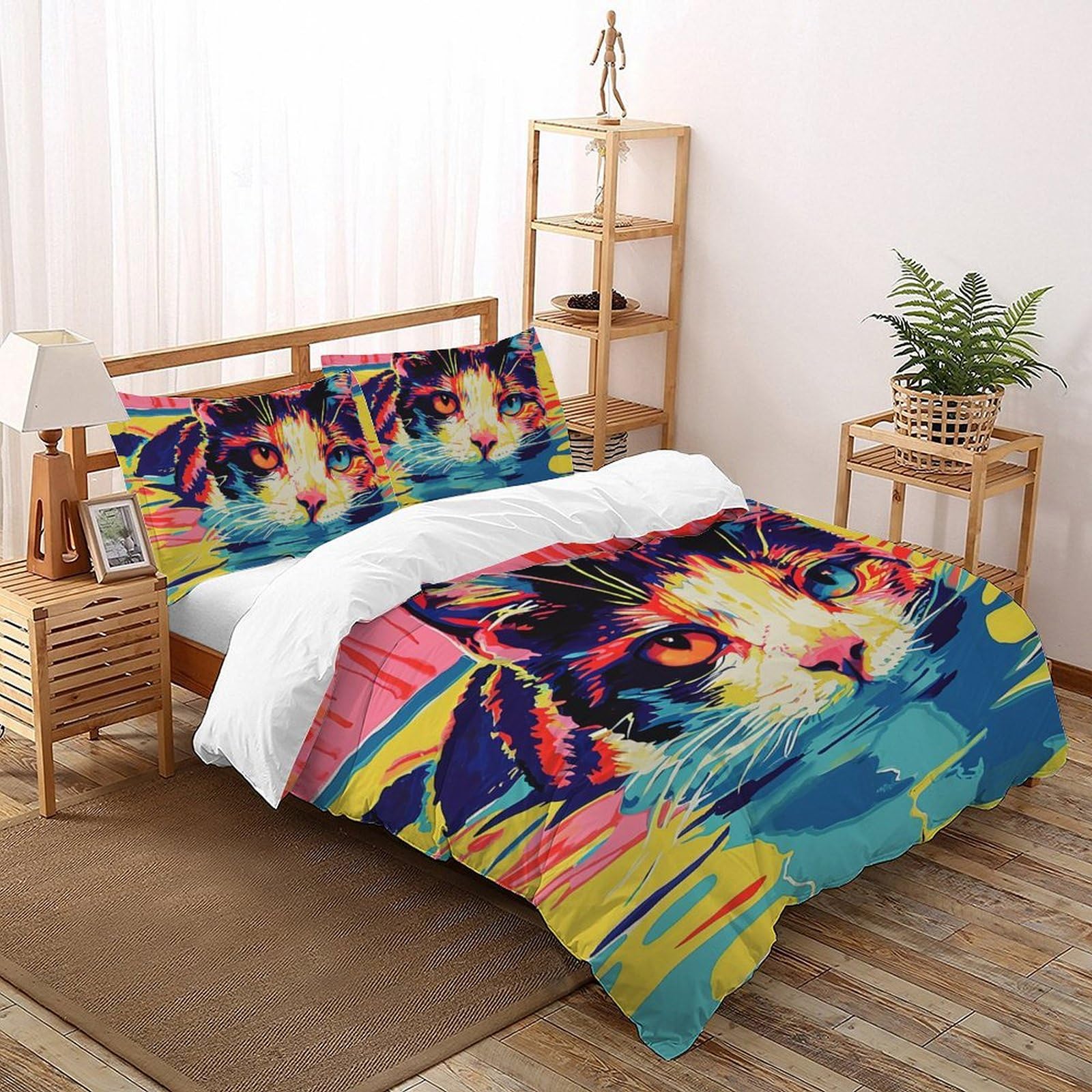Parure de lit chat pop art 200x200 avec housse de couette imprimée animal en microfibre