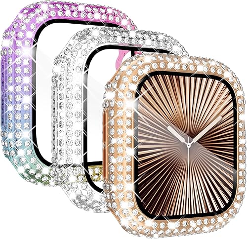 KADES Paquete de 3 fundas brillantes compatibles con Apple Watch de 45mm con diamantes completos con protector de pantalla integrado para Apple