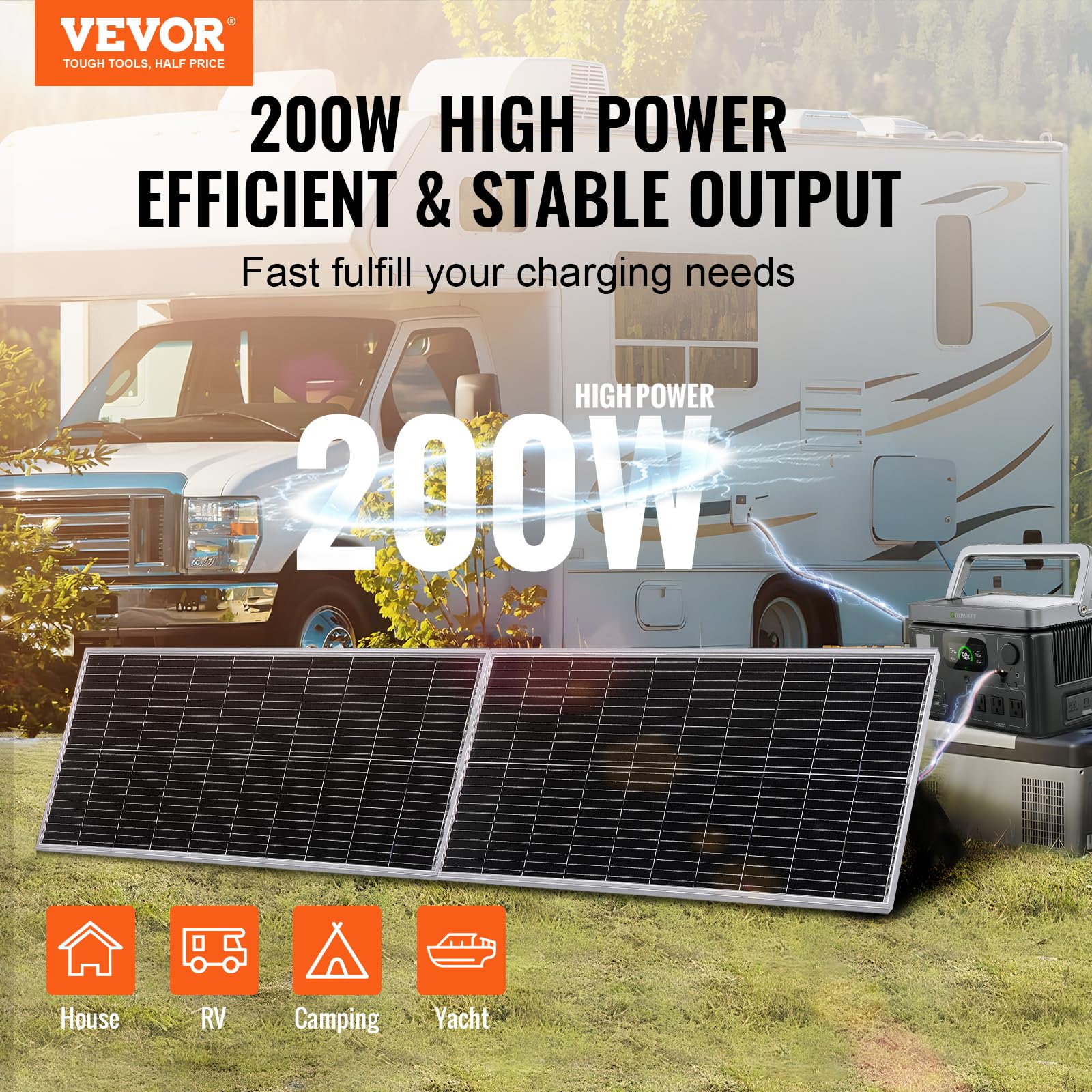 VEVOR Panel słoneczny 200 W, zestaw 2 sztuk, monokrystaliczny moduł solarny 12 V, regulator ładowania, instalacja solarna 16,66 A, współczynnik konwersji 23%, kompatybilny z bateriami AGM, żelowymi,