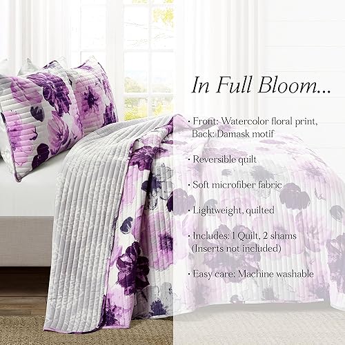 Miniatura 6 de Lush Decor Leah - Juego de edredón reversible floral de 3 piezas, tamaño matrimonial, tamaño Queen, gris y morado