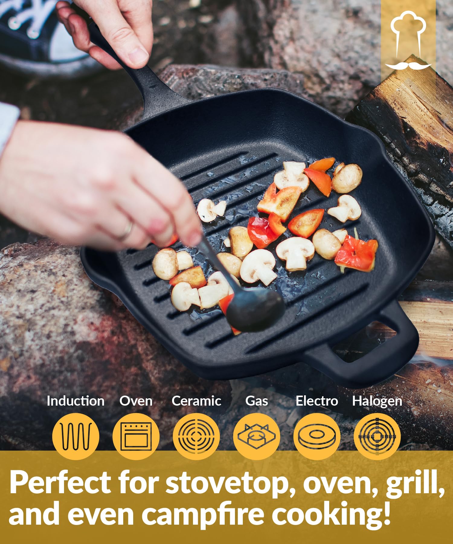 Chefarone Żeliwna Patelnia 25,5 cm – Emaliowana Patelnia Grillowa i Do Serwowania z Wylewkami – Idealna na Steki, Indukcję, Gaz, Płytę Ceramiczną i Piekarnik