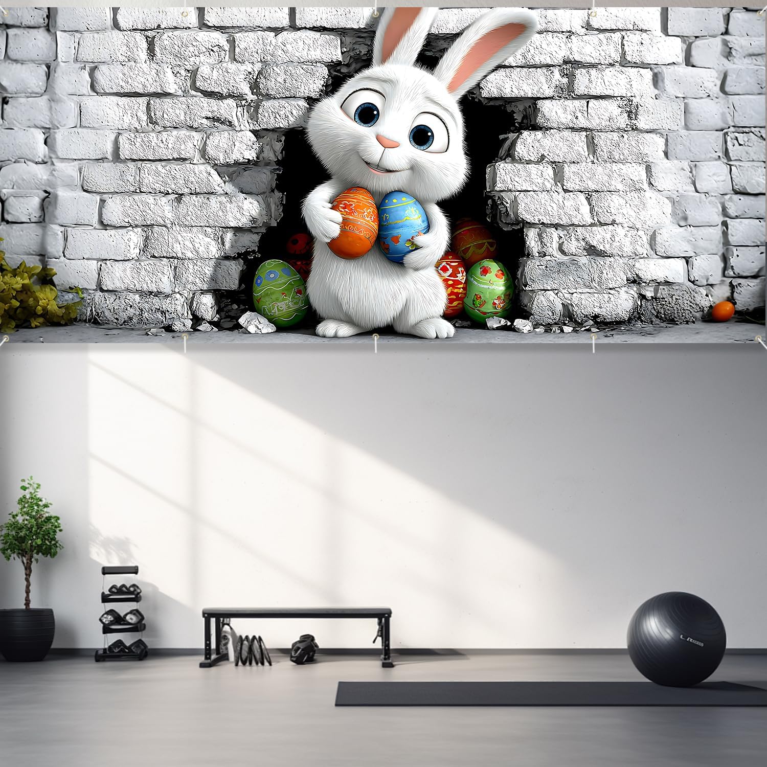 16x7 ft Peeking Easter Bunny Banner for Two Car Garage - Fits Double Garage Door, Whimsical Bunny Behind Wall with Eggs Large Backdrop, Spring Yard Sign & Photography Background
