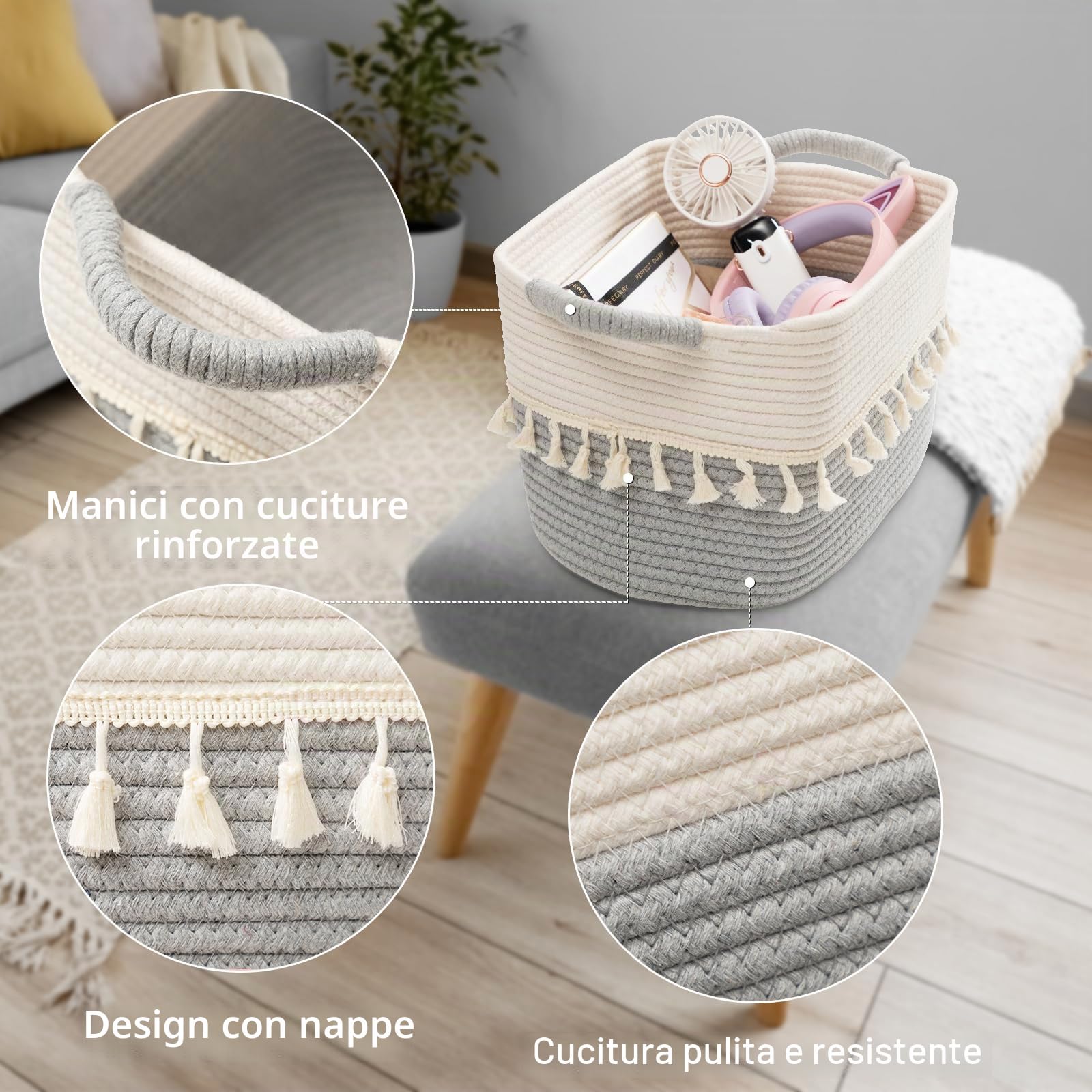 TeoKJ Cestini Intrecciati per Riporre Oggetti, in Corda di Cotone, Confezione da 3 Pezzi, Con Manici per Organizzare, Graziosi Cestini per Asilo Nido, Soggiorno, 38,1 x 25,4 x 22,9 cm, Bianco e Grigio