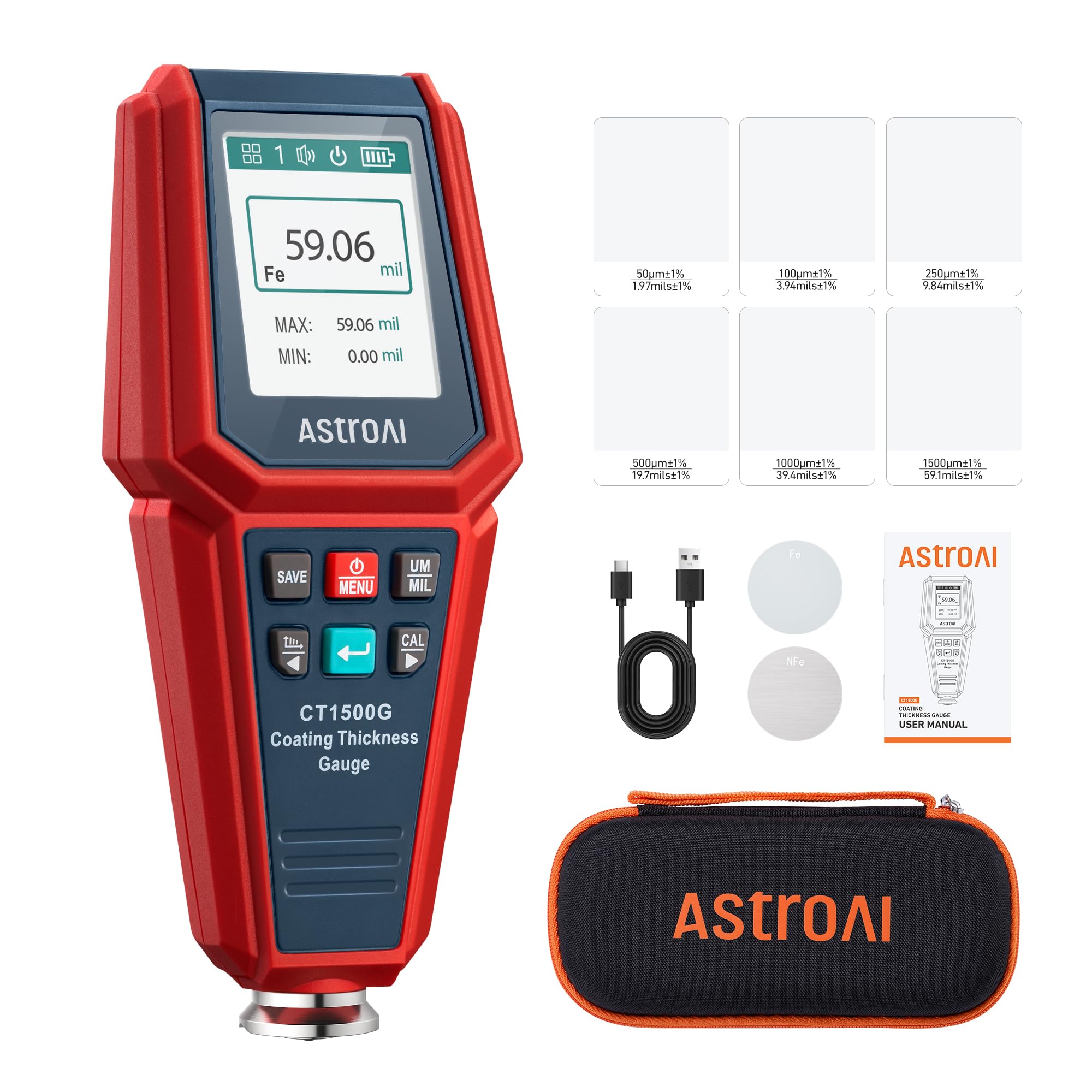 AstroAI Paint Thickness Gauge for Car, Coating Tester for Check The Car's Original Coating for Used Car Buyers, with Limit Alarm, 4-Direction Rotating Screen, Resol 0.01mil F/NF Measuring