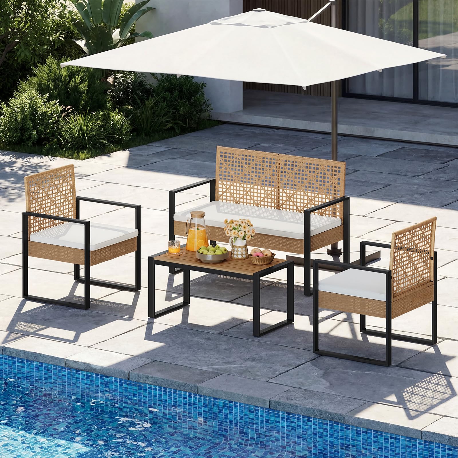 WOLTU Rattan Gartenmöbel 4-teilig mit 1 Sitzer Sofa 2 Sessel 1 Couchtisch und Kissen Lounge Möbel Outdoor Balkonmöbel Kleiner Balkon Sitzgruppe Gartencouch Terrassenmöbel Set für Garten Terrassen