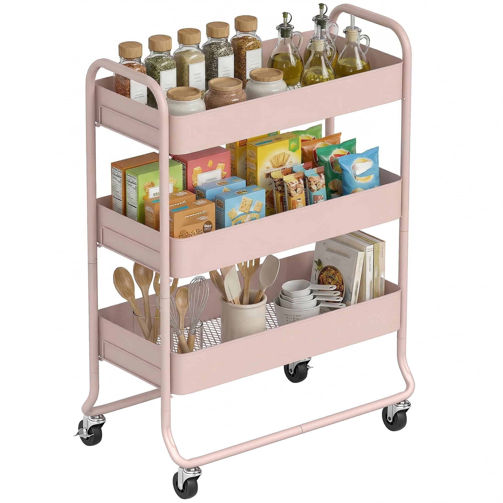 Homcom 3-Tier Storage Trolley, Storage Cart With Mesh Backets, Wheels Pink