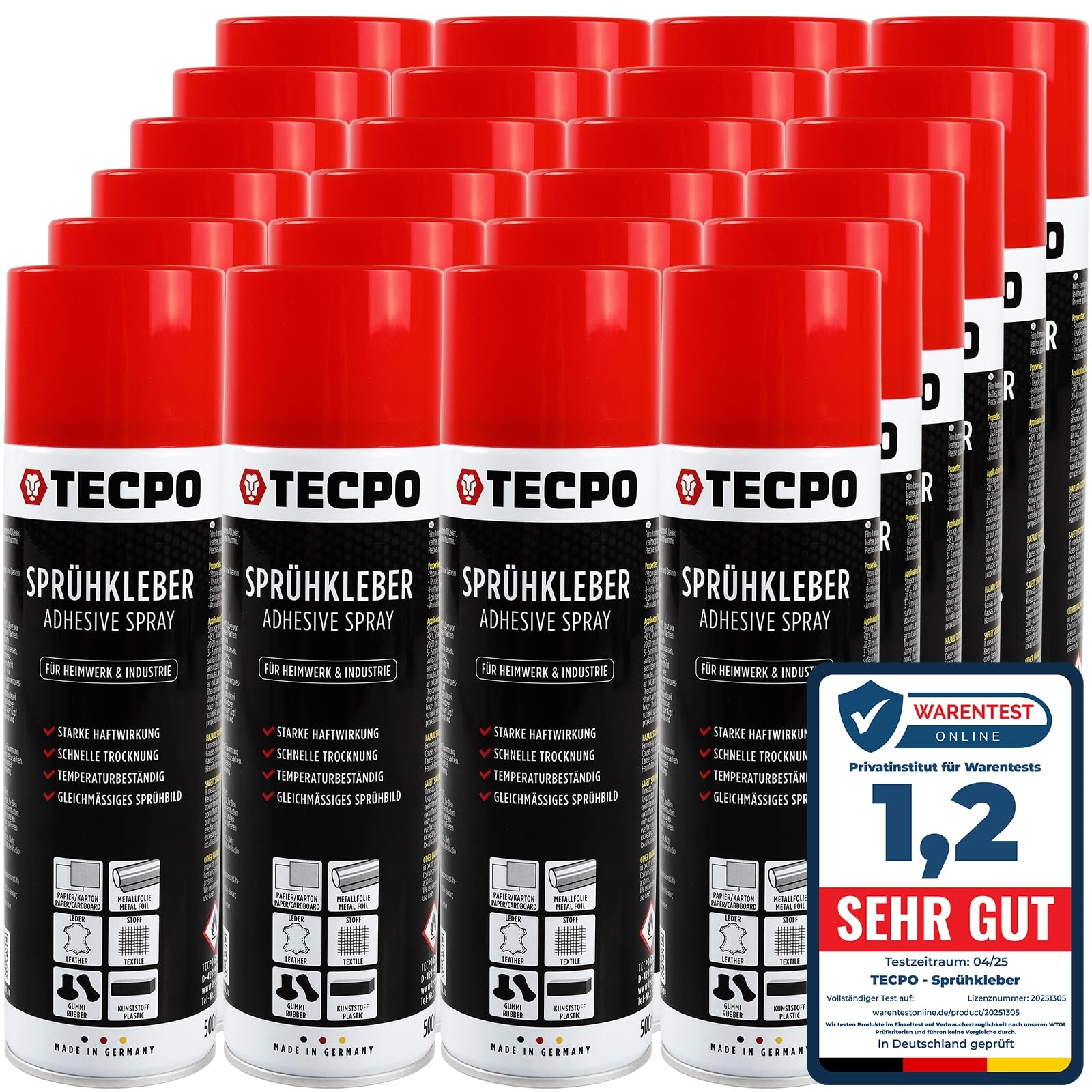 TECPO Sprühkleber 24x 500ml, Industriekleber, Stark haftend, Schnelle Trocknung, Hohe Temperaturbeständigkeit, Vielseitig für Textilien, Leder, Schaumstoffe, Dämmmaterialien, PVC, Papier