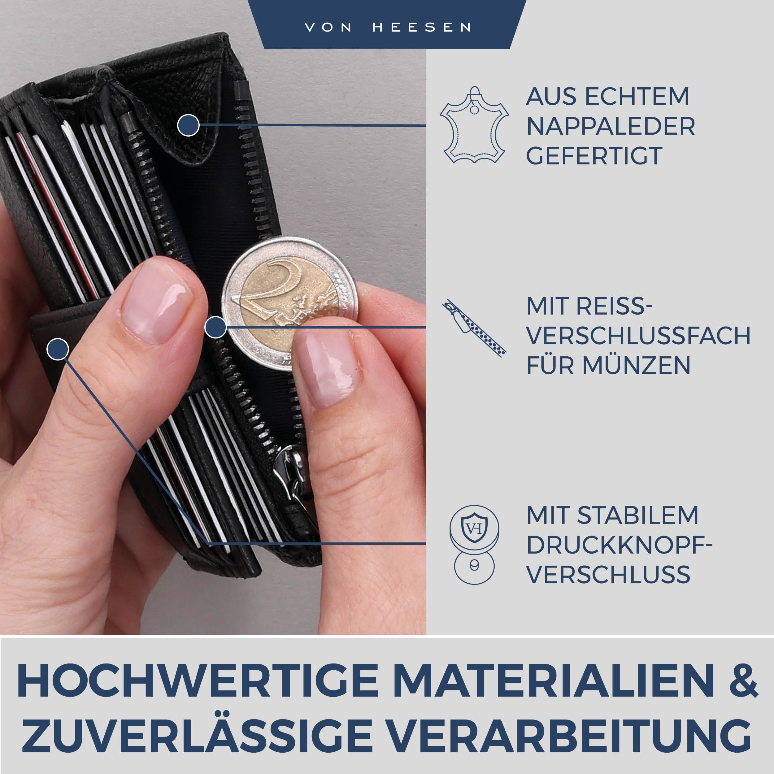 VON HEESEN Leder Kartenetui Geldbörse mit RFID-Schutz - Portemonnaie für Herren & Damen aus echtem Leder - Kartenhalter mit Münzfach - Geldbeutel für Männer und Frauen in Schwarz
