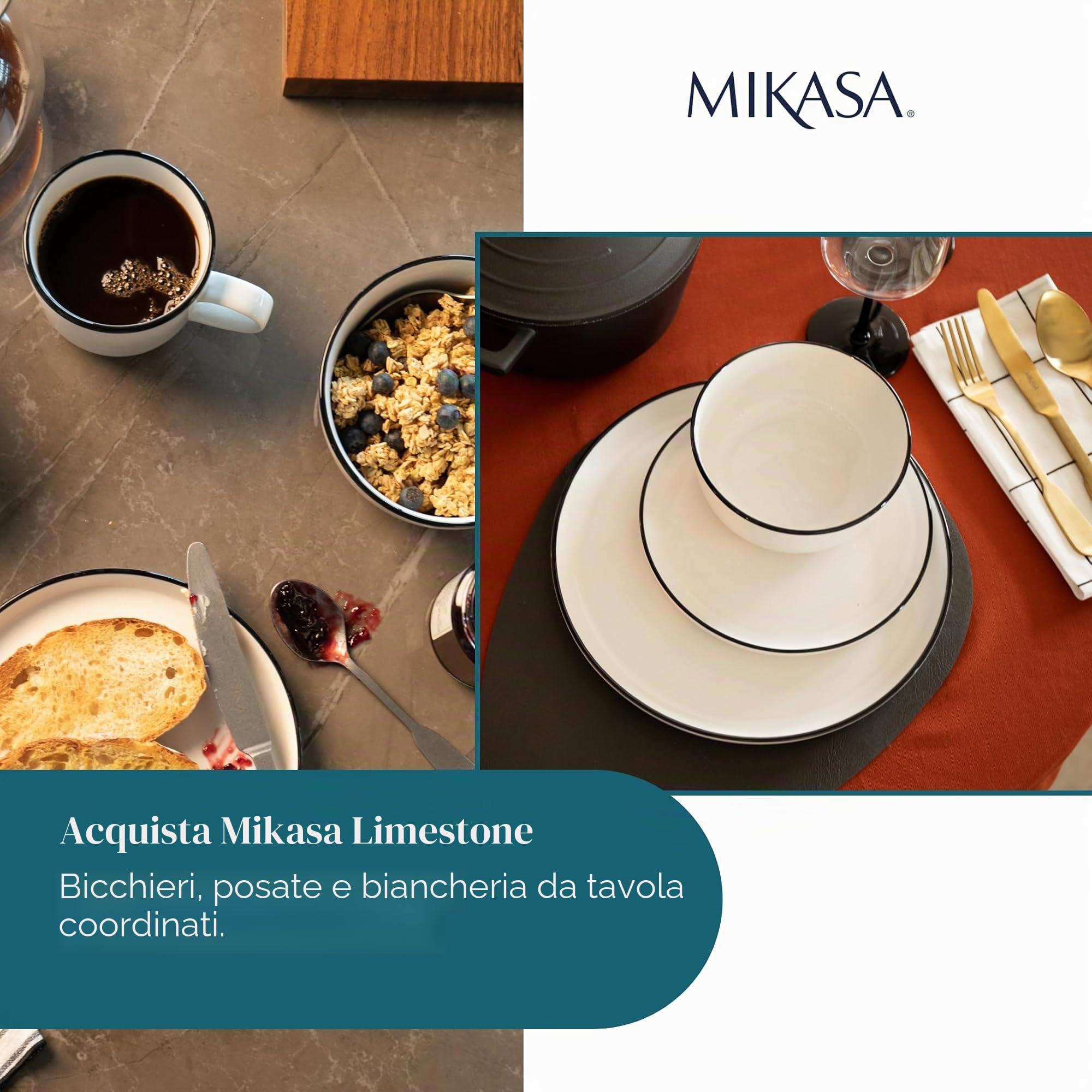 Servizio 12 piatti porcellana bianca bordo nero Limestone Mikasa