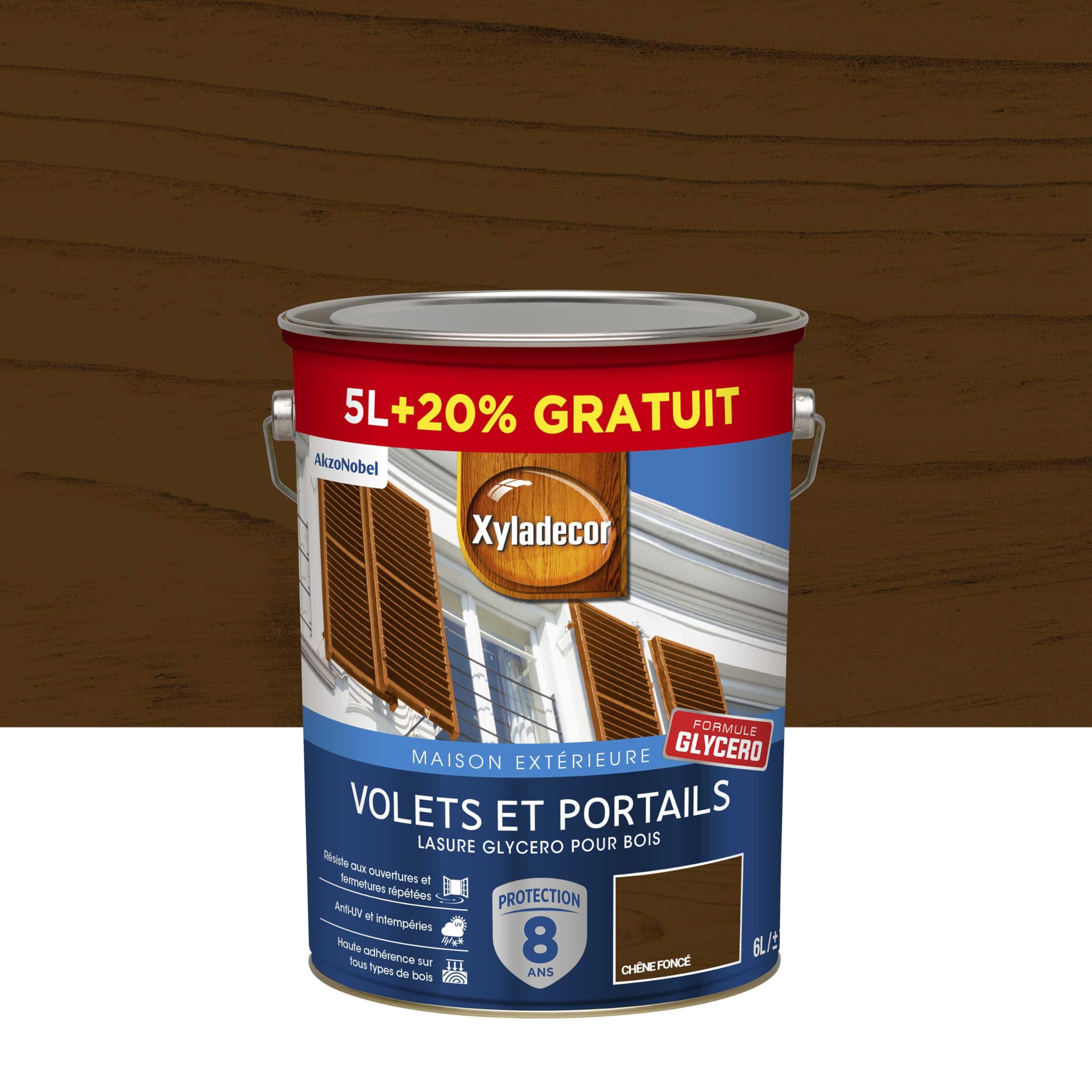 Xyladecor - Lasure Protectrice pour Bois Extérieur Glycéro - Volets, Portails, Portes, Fenêtres - Couleur : Satin Chêne Fonce - Quantité : 5L plus 20% gratuit