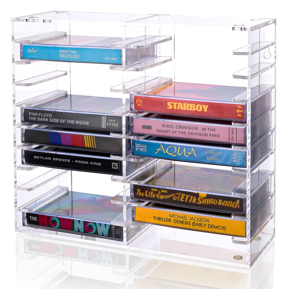 Stackable Tape Storage Boxes - Dust-proof Racks With Lid - Audio Cassette Holder Pack Of 4 Holds 192 Cases 16 34 X 9 25 X 3 4 Inches Grey
