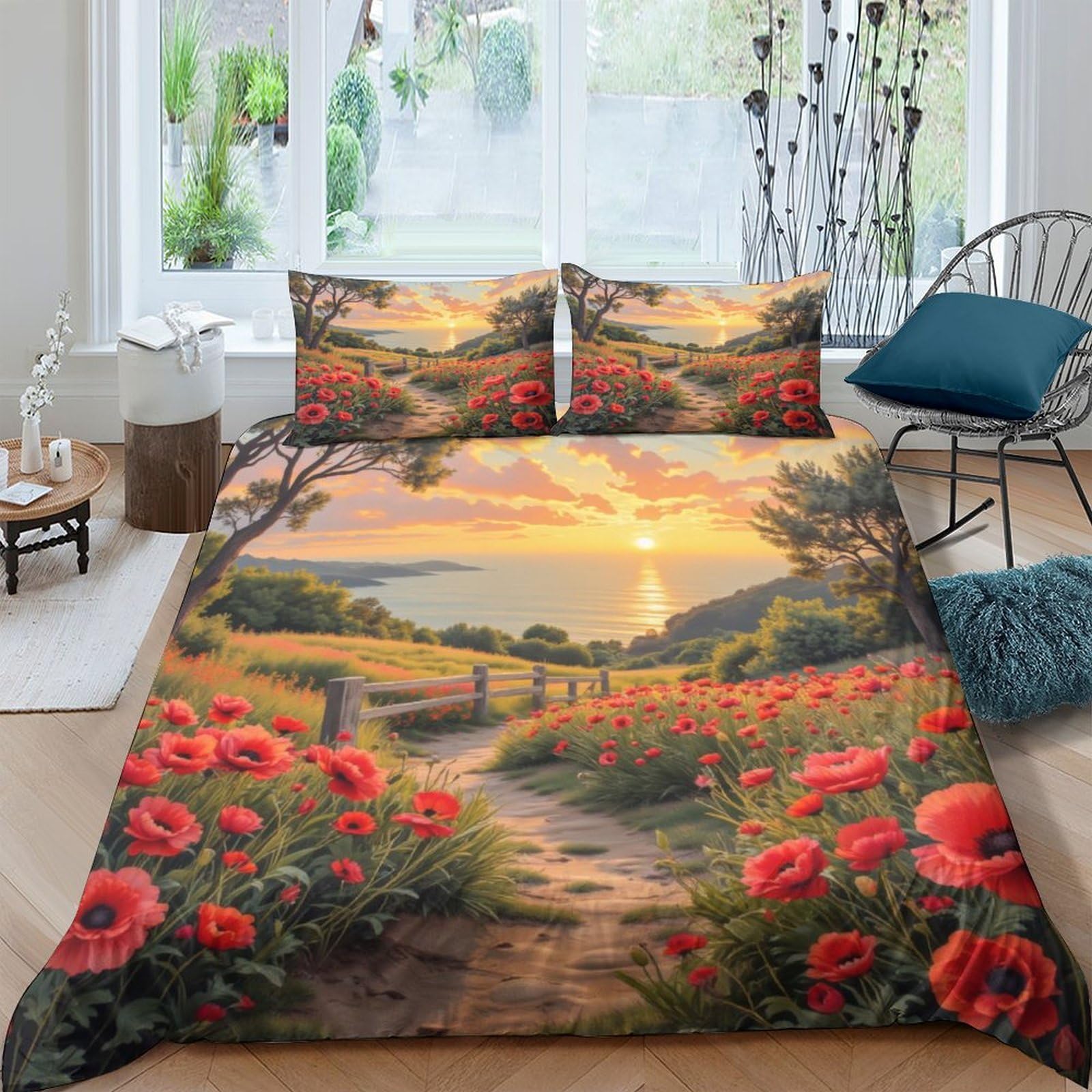 Ctjqhvkz Style-3 3D Printed Sunset Field Fitted Sheet Microfiber Soft Red Poppy Path Bed Cover For Bedroom Guest Room Decor Single（135X200cm）