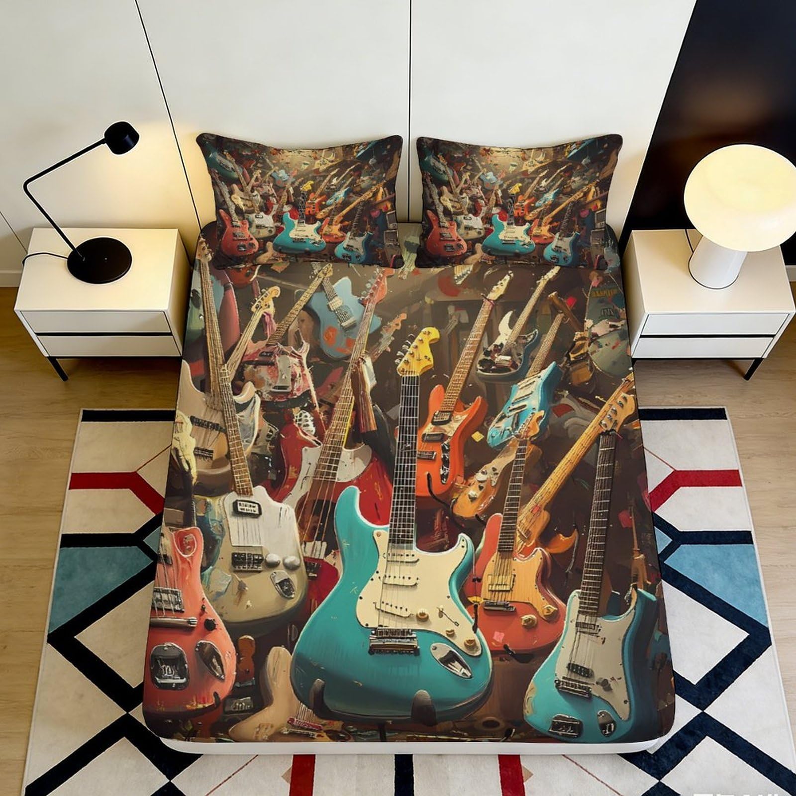 3D Printed Electric Guitar Fitted Sheet Microfiber Soft Colorful Music Bed Sheet for Bedroom Dorm Mattress Decor 90x200x25cm