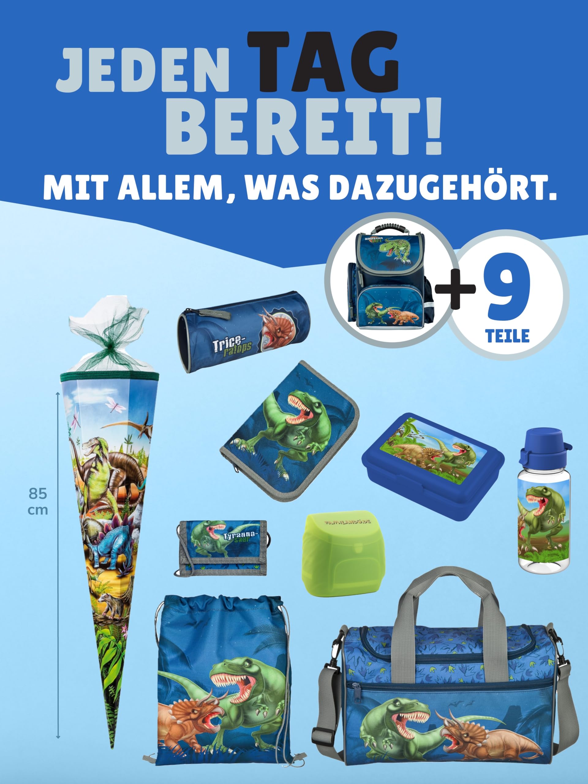 Familando - Schulranzen Set CLOU - 10-teilig mit Schultüte - Dinosaurier - Ergonomisch, Stabil & mit gepolstertem Rücken - 930g leicht - 15L Volumen - Mit Reflektoren - Für Grundschule ab 1. Klasse