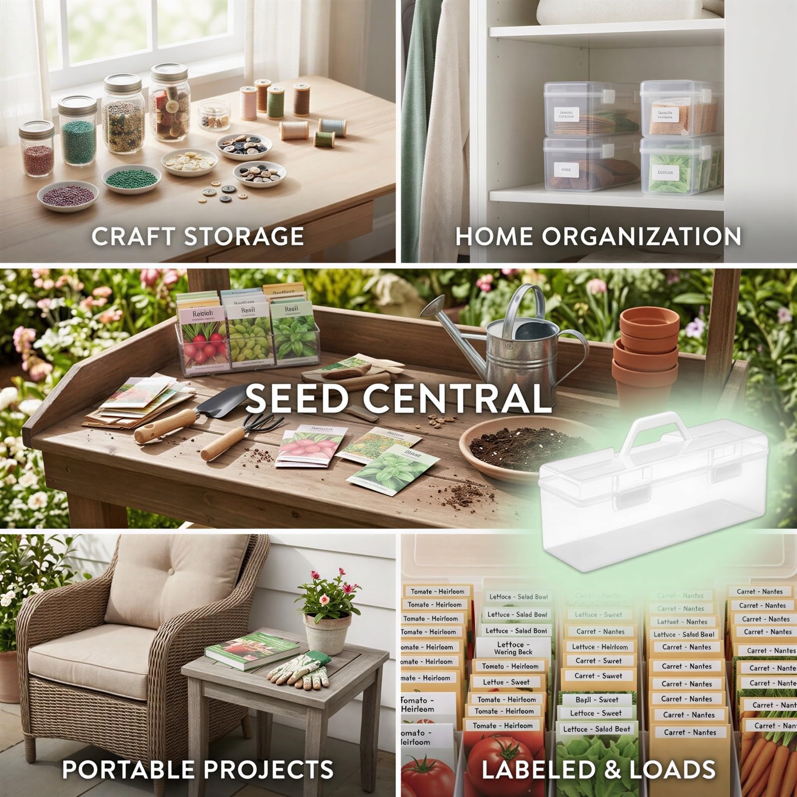 Boîte de Rangement pour graines, Plastique Transparent avec poignée, 200 enveloppes à graines et 50 Autocollants Fruits et légumes, Organiseur pour Jardin, Fleurs, Potager, Cadeau Jardinier