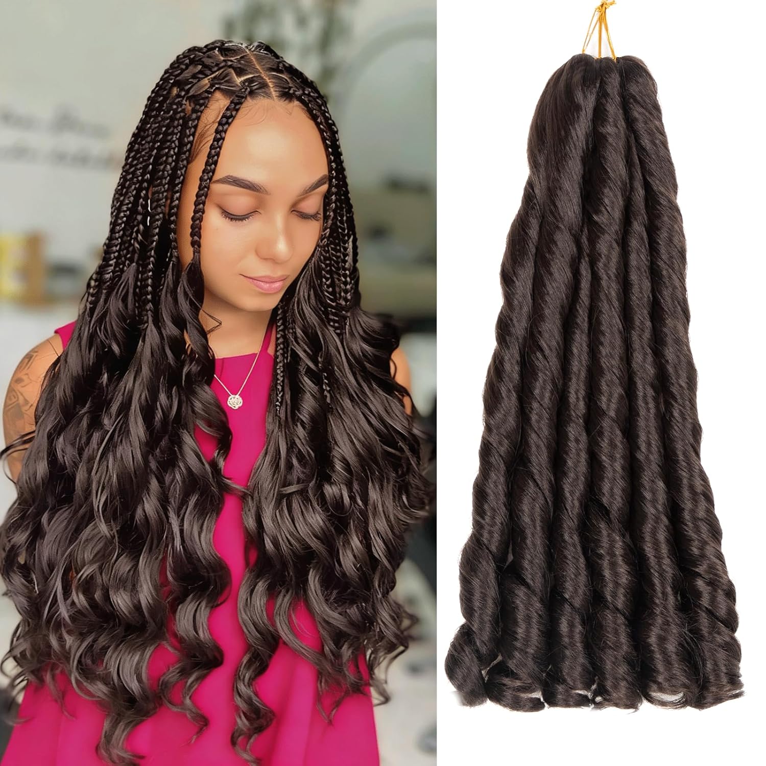 French Curl Braiding Hair 24 Inch Dark Brown French Curl Braids Pre-stretched Bouncy Loose Wave Spiral Curly Ends Soft as Human Hair Wavy Brown Curly Braiding Hair Extensions for Box Braids and Twists