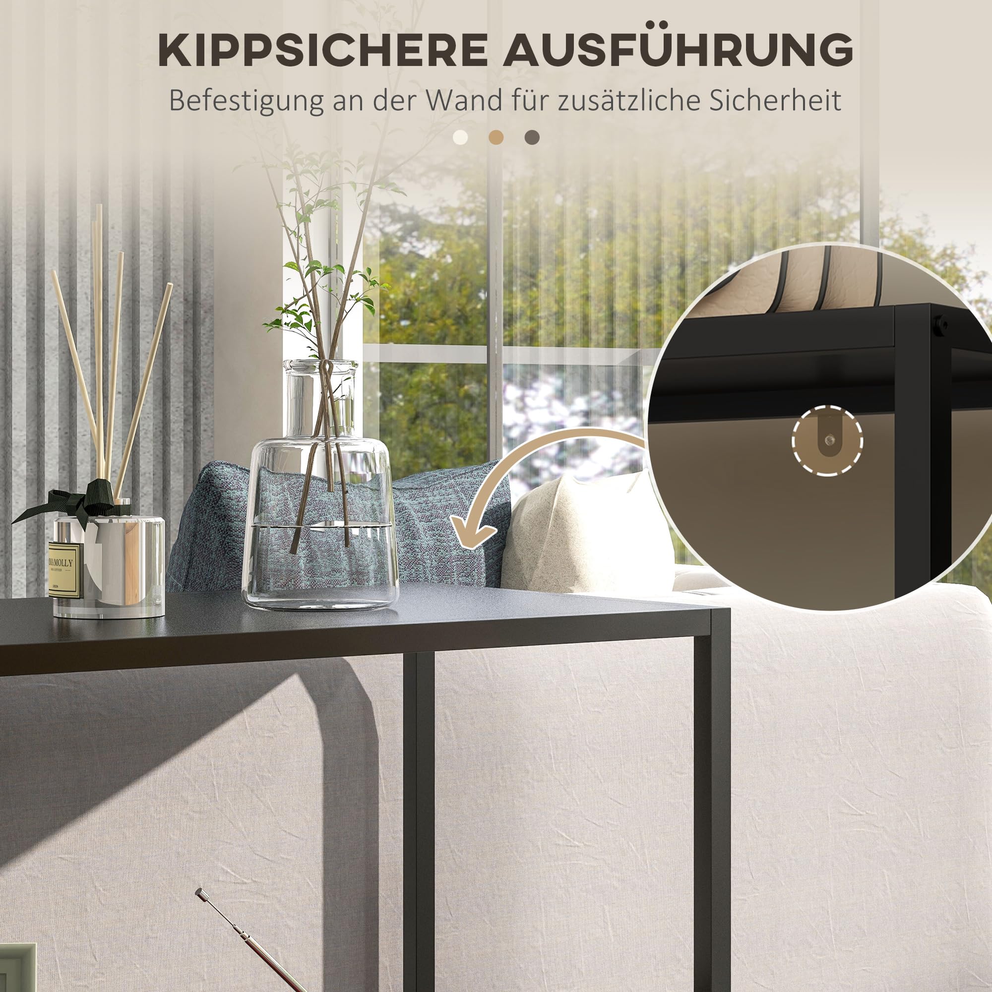 HOMCOM Konsolentisch Flurtisch mit 2 Ebenen, 90 x 30 x 75 cm, Schwarz | Sofatisch, Beistelltisch mit Kippschutz, Dekotisch für Wohnzimmer, Diele, Stahl