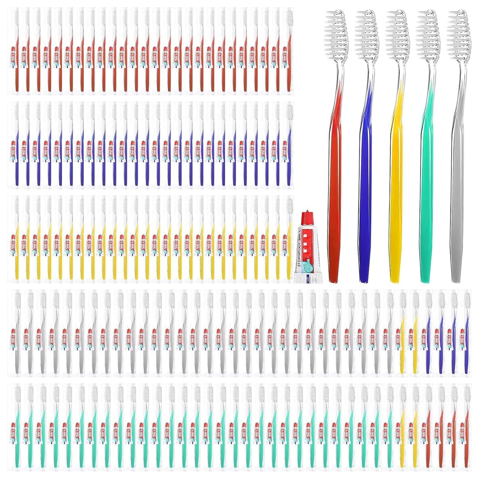 Confezione da 250 spazzolini usa e getta con dentifricio, da viaggio, con setole morbide, confezionati singolarmente per hotel, ospiti, viaggi, casa, 5 colori (250)