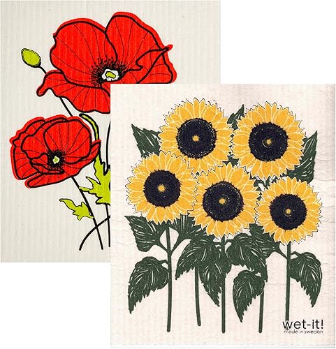 Juego de 2 paños de cocina suecos - Campo de girasol y amapolas