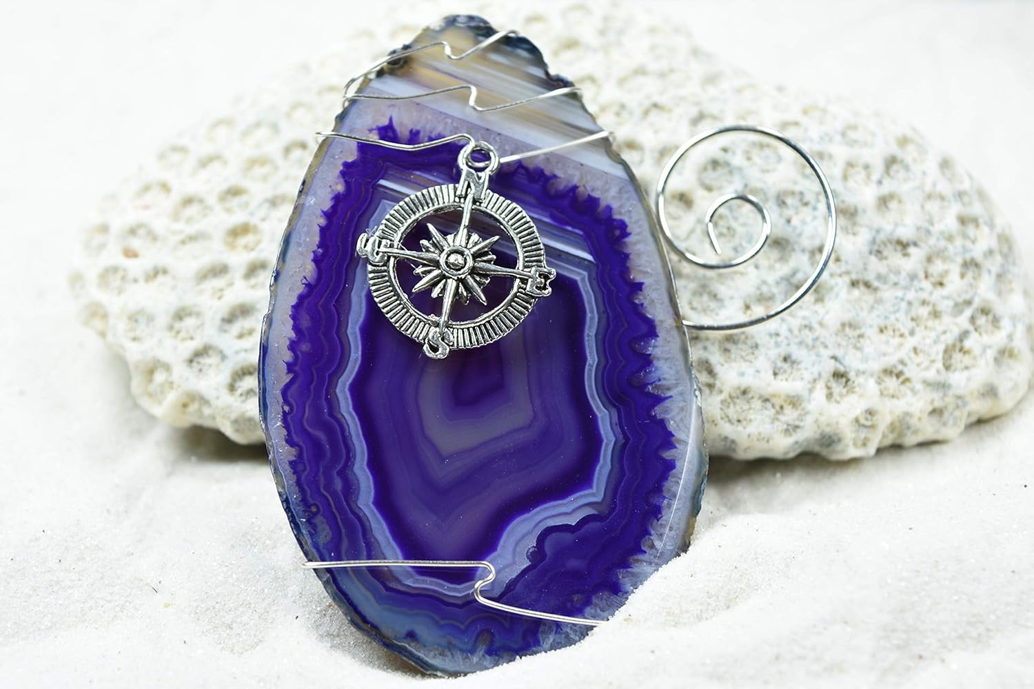 Custom Handmade Agate Slice Ornament with Silver Compass Charm - Choose Your Agate Slice Color: - Aqua, Pink, Purple, Blue, or Natural : Handmade Products
