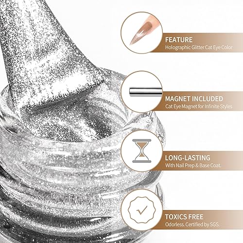 Miniatura 3 de MAYCHAO Esmalte de uñas de gel de ojo de gato de 0.5 fl oz, 1 esmalte de gel plateado con imán, esmalte de uñas magnético holográfico para arte de