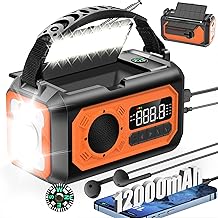 12000mAh Crank Radio with Solar Charging Function, 2 Solar Panels, Emergency Am/FM Crank, 3 Charging Methods, 7 in 1 Portable Emergency Radio, SOS, Flashlight, Connector for