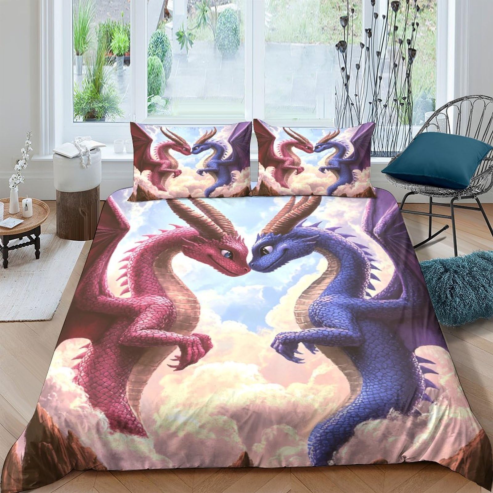 Ctjqhvkz Style-6 3D Printed Red Blue Dragon Fitted Sheet Microfiber Soft Touch Fantasy Creature Bed Cover For Bedroom Dorm Decor Single（135X200cm）
